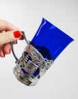 1950s JAPANESE COBALT BLUE GLASSES WITH SILVER PLATED SLEEVES