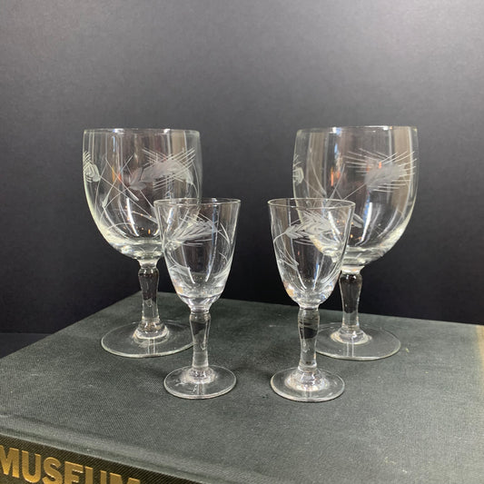 1940s hand etched cocktail glasses and matching shot glasses