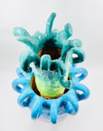 One off 1980s experimental studio abstract green blue pottery vase