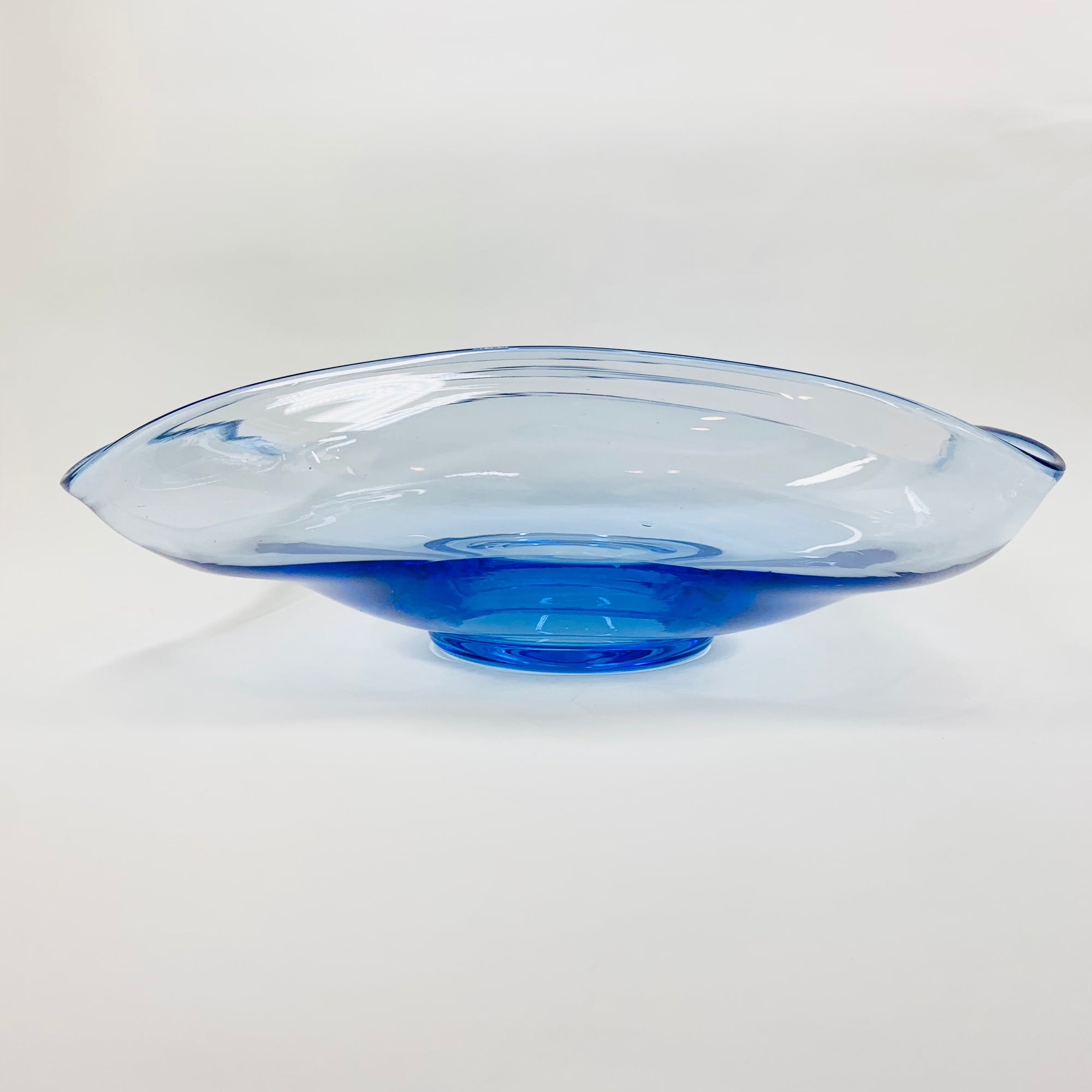 Large Midcentury blue pinched glass fruit/salad bowl