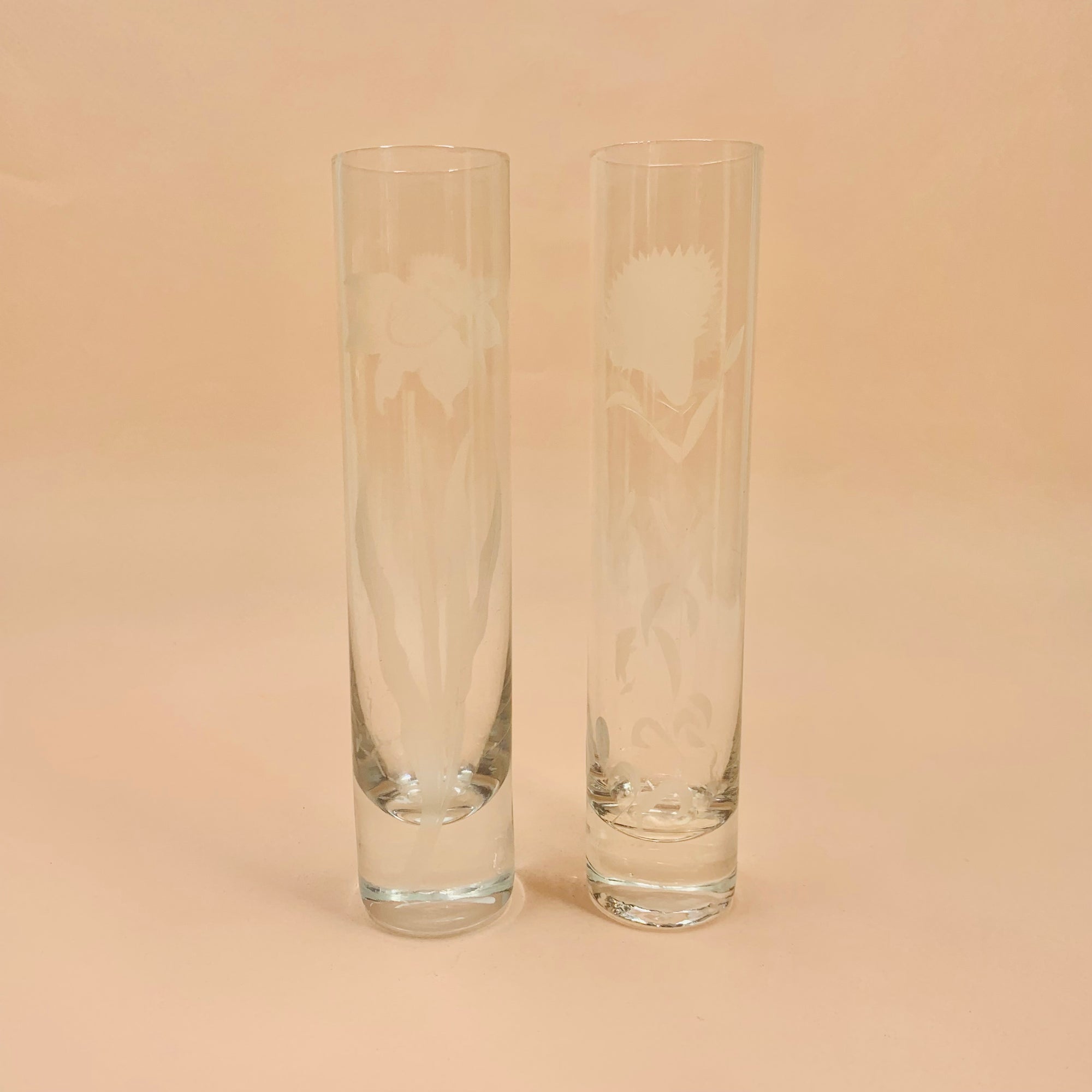 1940s hand etched tube glass vase