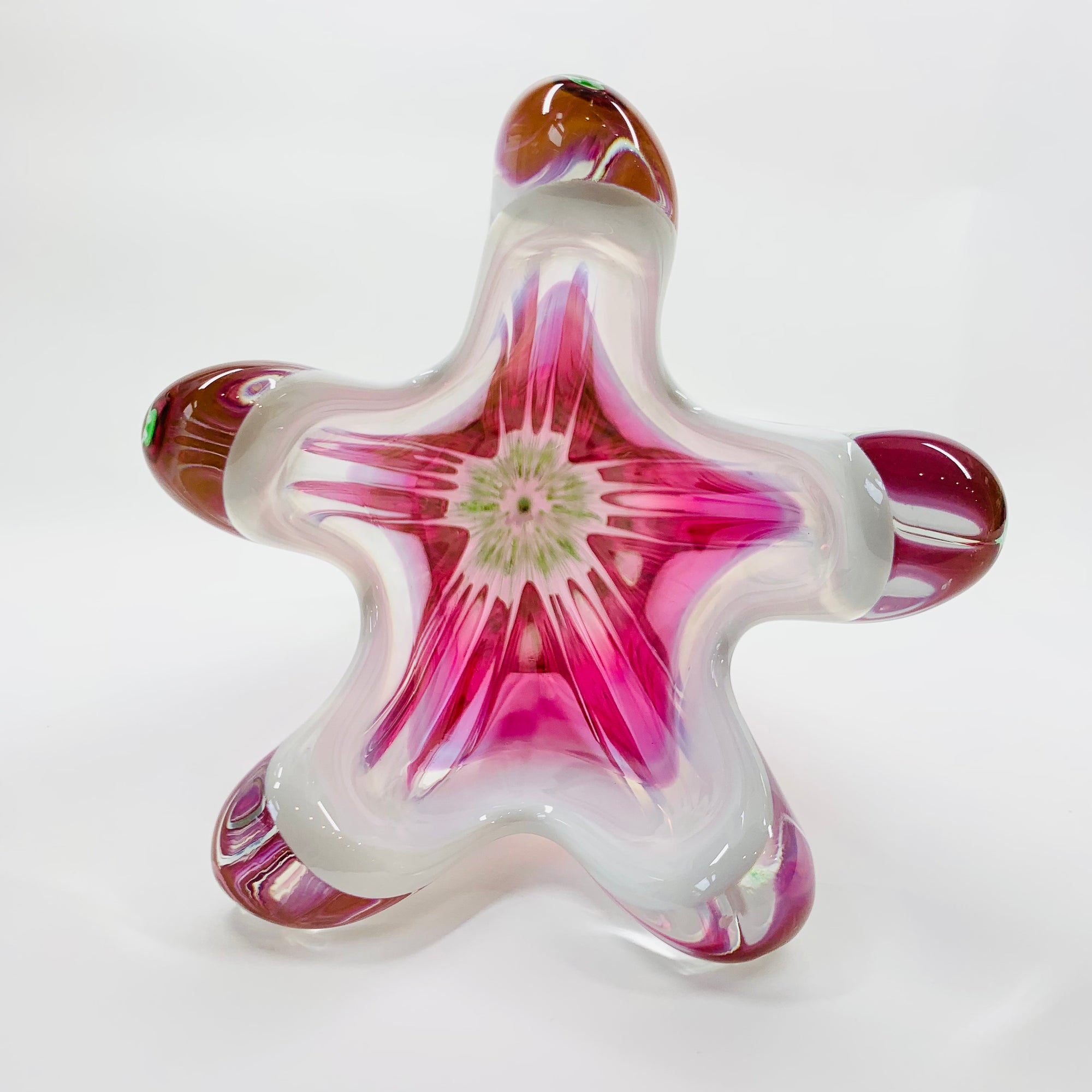 Rare Midcentury large Czech Skrdlovice swung pink green white sommerso glass vase
