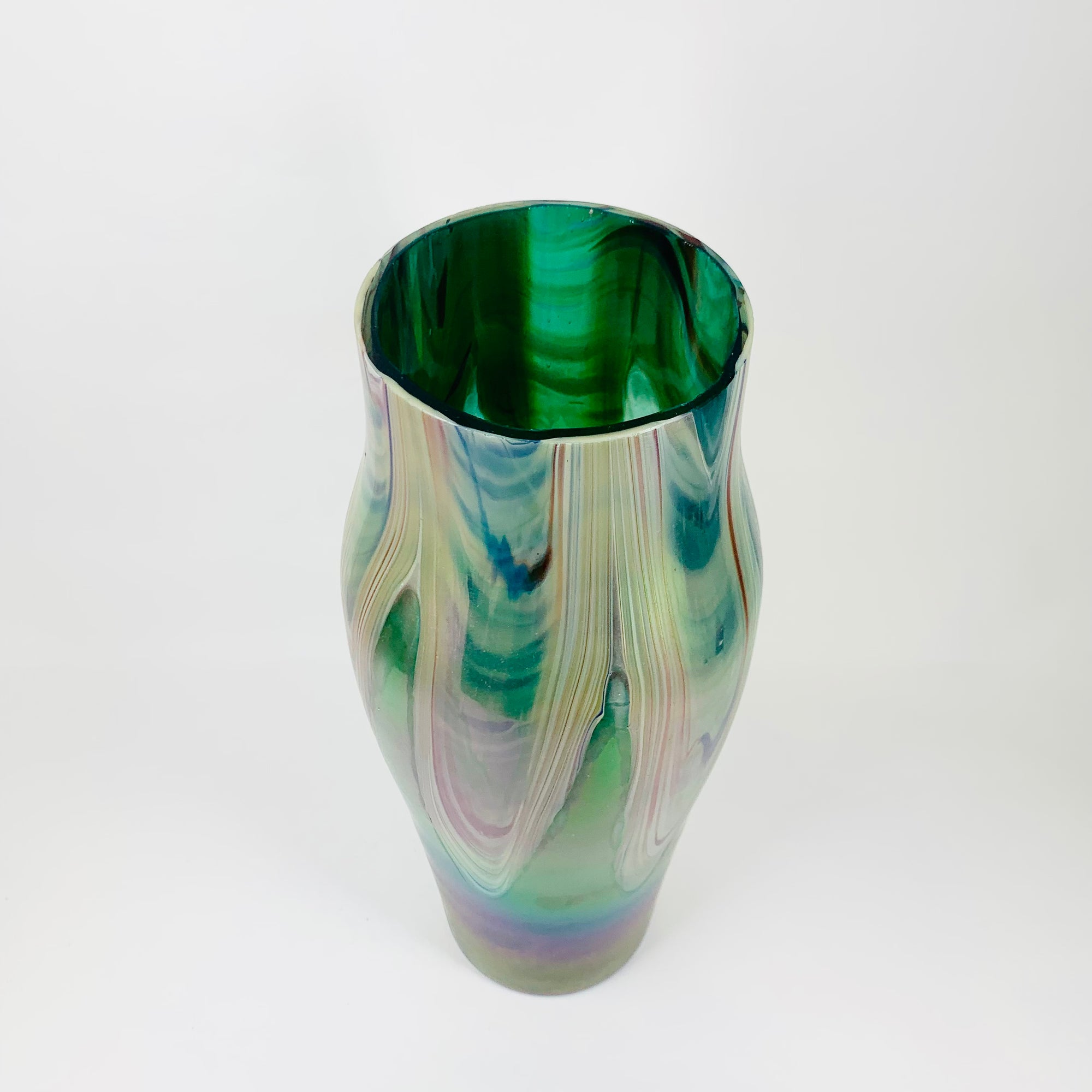 Antique Art Nouveau Kralik hand made peacock iridescent feather glass vase