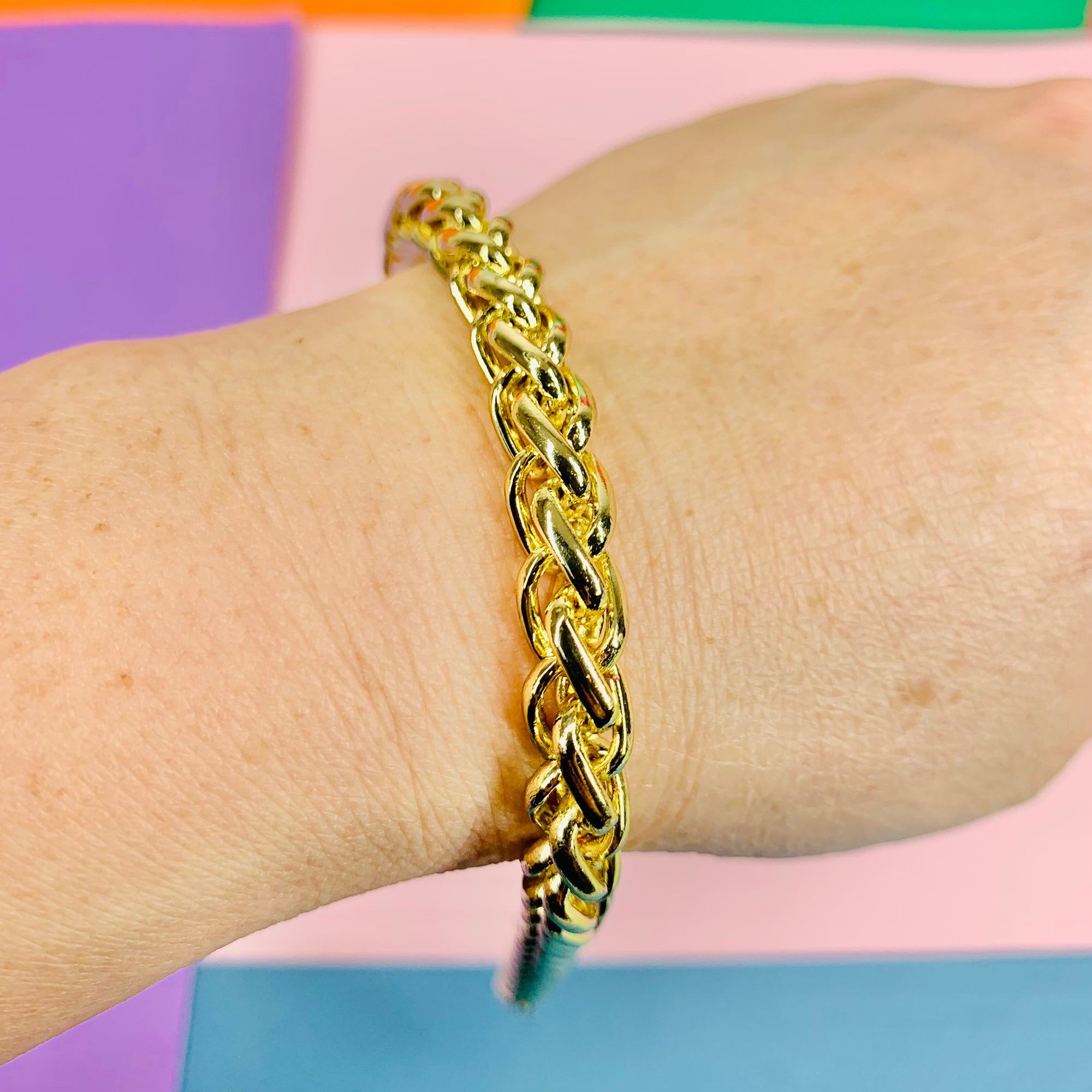 Vintage thick Italian plated gold chevron links chain bracelet