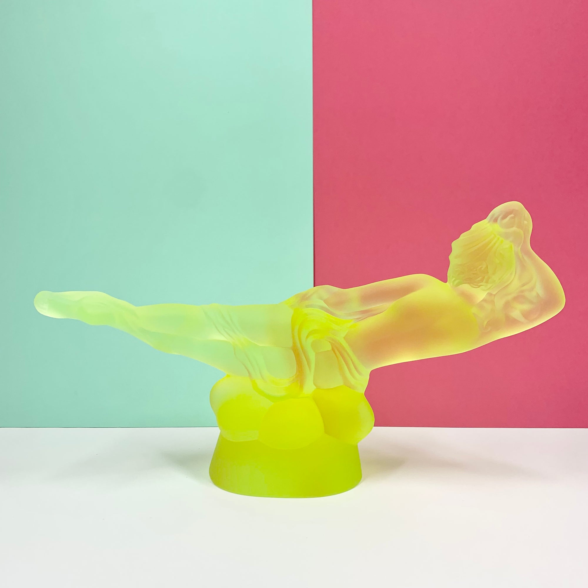 Art Deco reproduction of Lalique lie down Nude with star bangle cape figurine in uranium glass