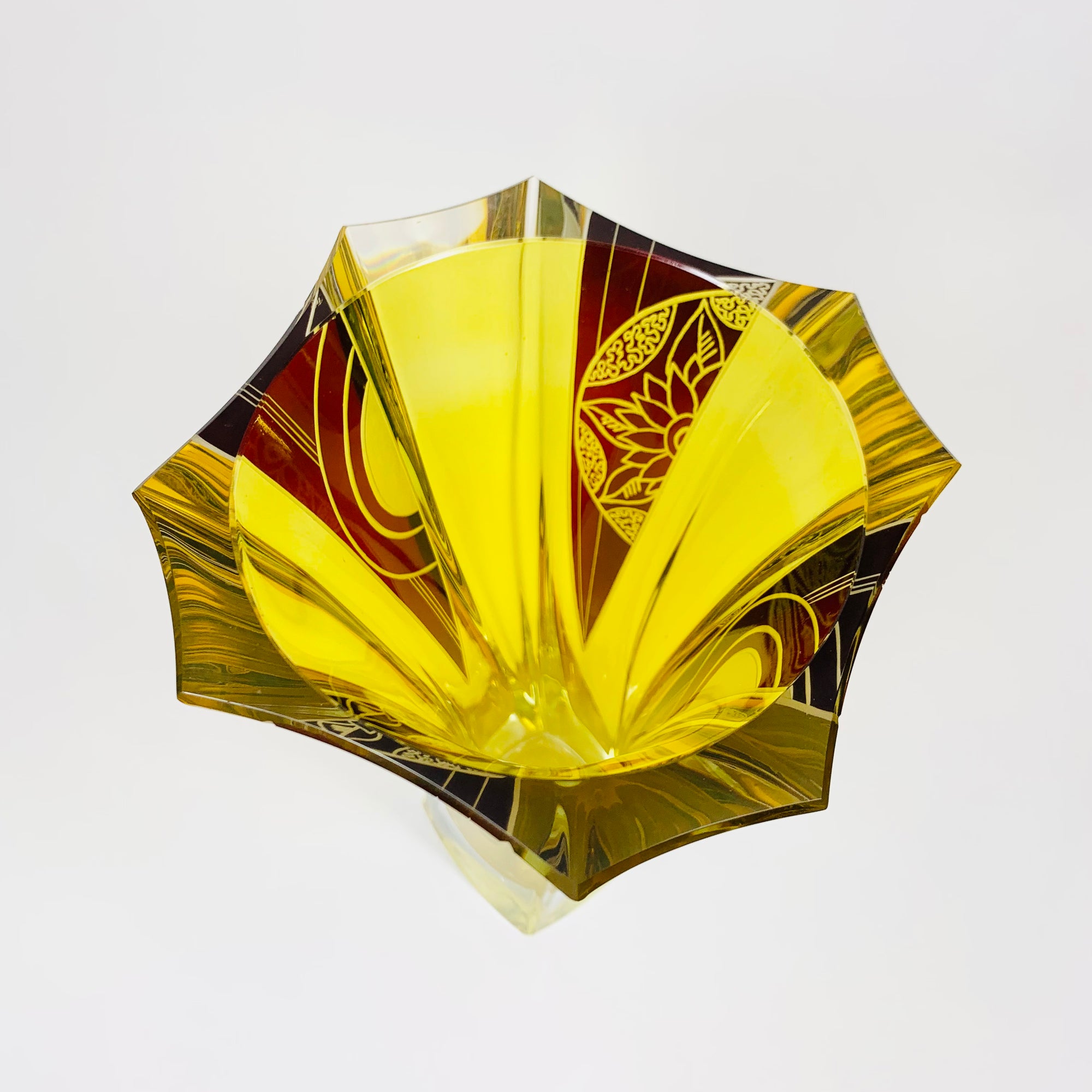 Extremely rare antique Art Deco footed spiral citrine and ruby enamel vase by Karl Palda