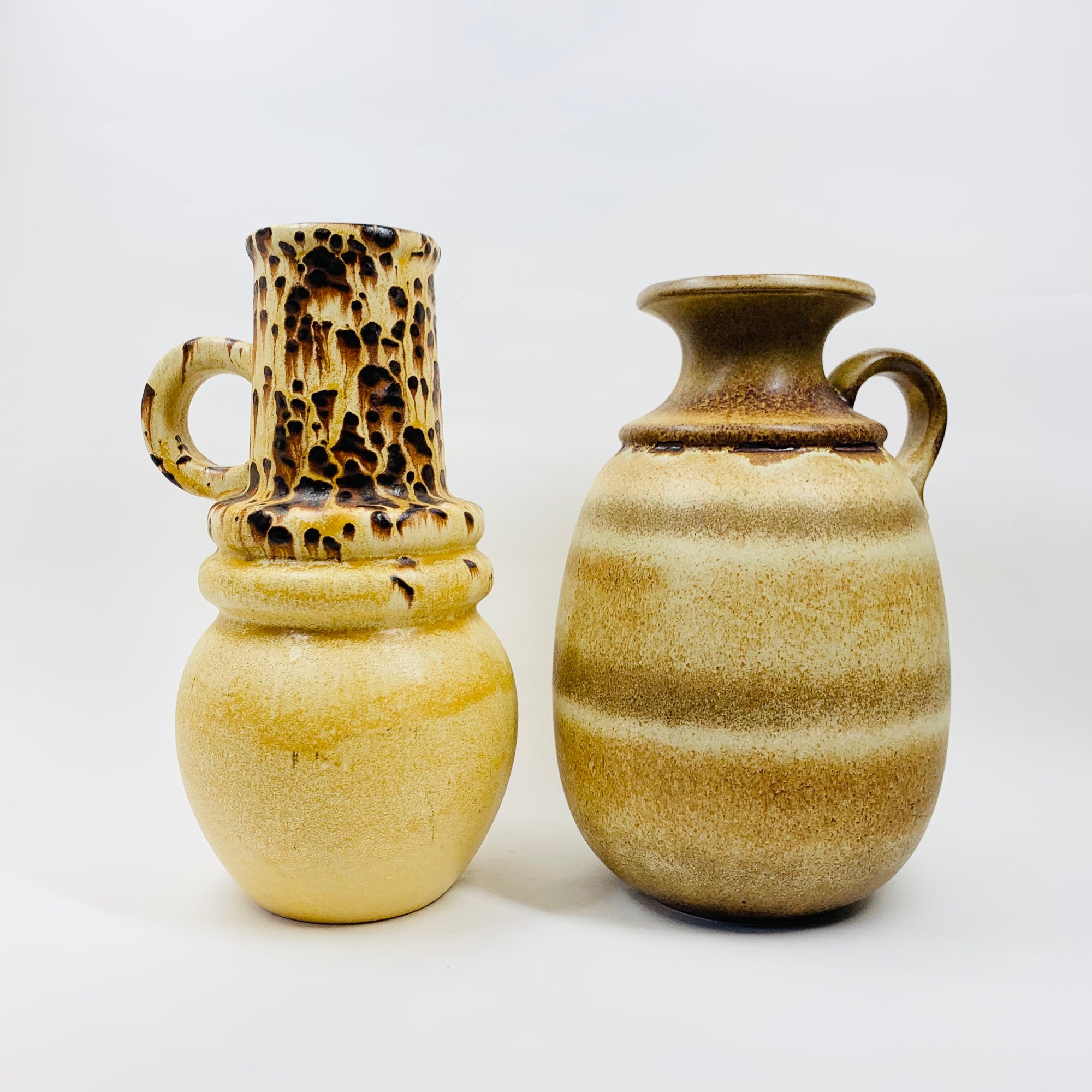 Midcentury hand made West German drip glaze brown beige pottery jug/vase