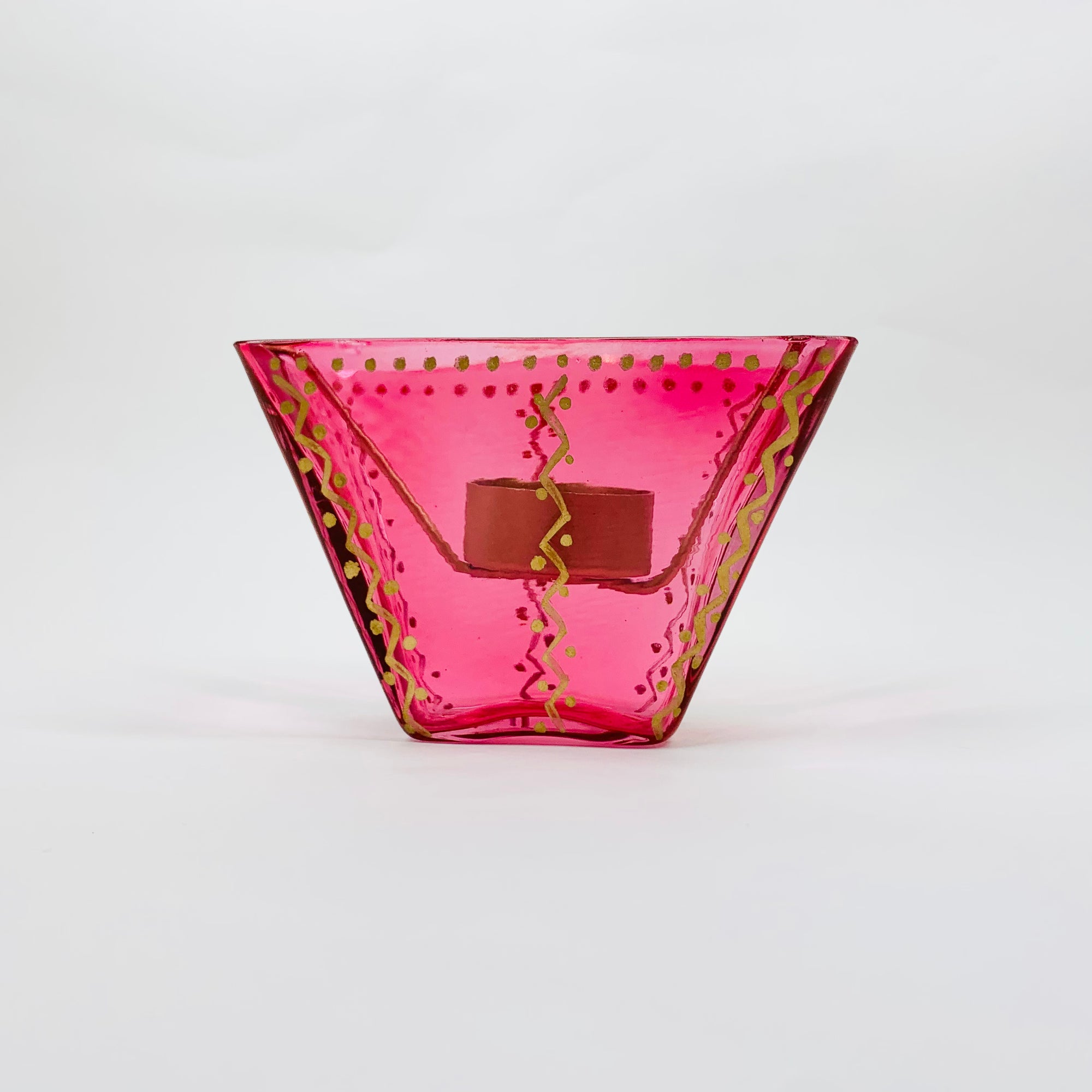 Vintage hand painted Turkish pink glass tea light holder