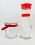 Retro Bodum tall water glasses/highball with red sleeves