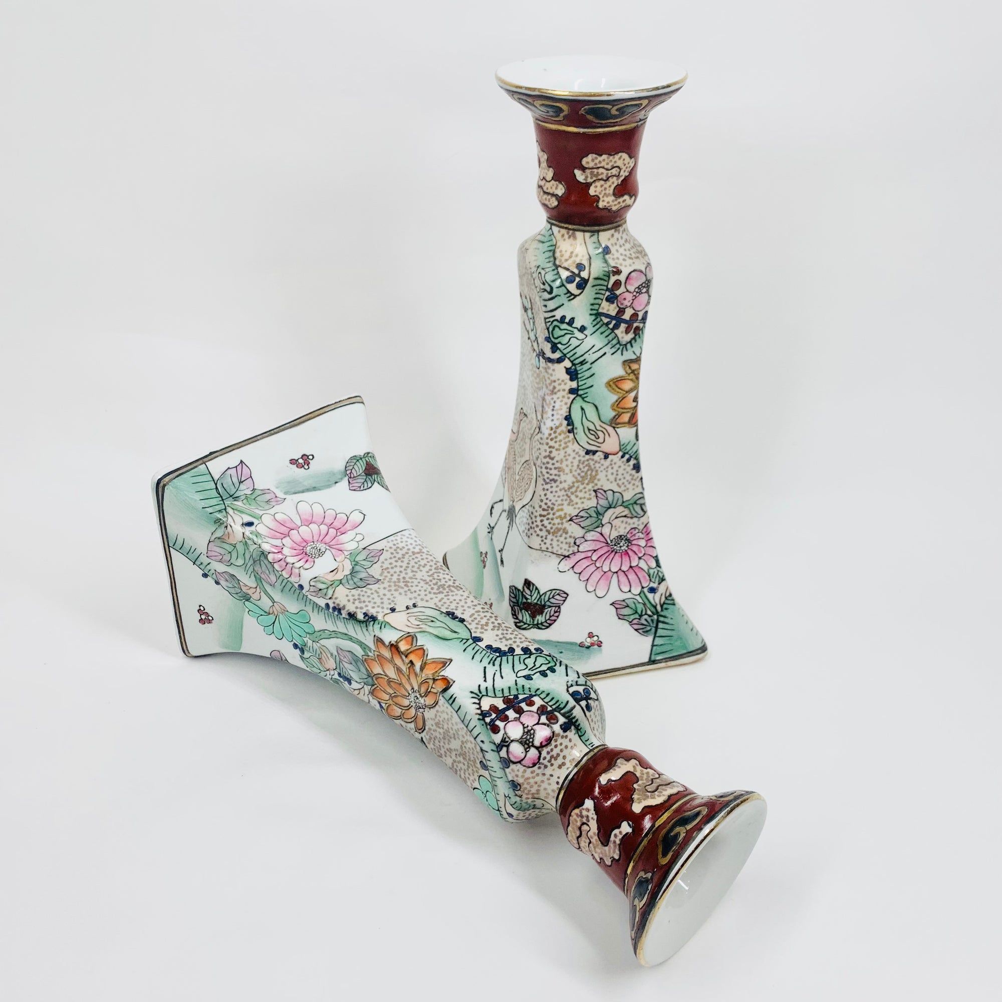 Extremely rare antique pair of Chinese hand painted porcelain candle holders
