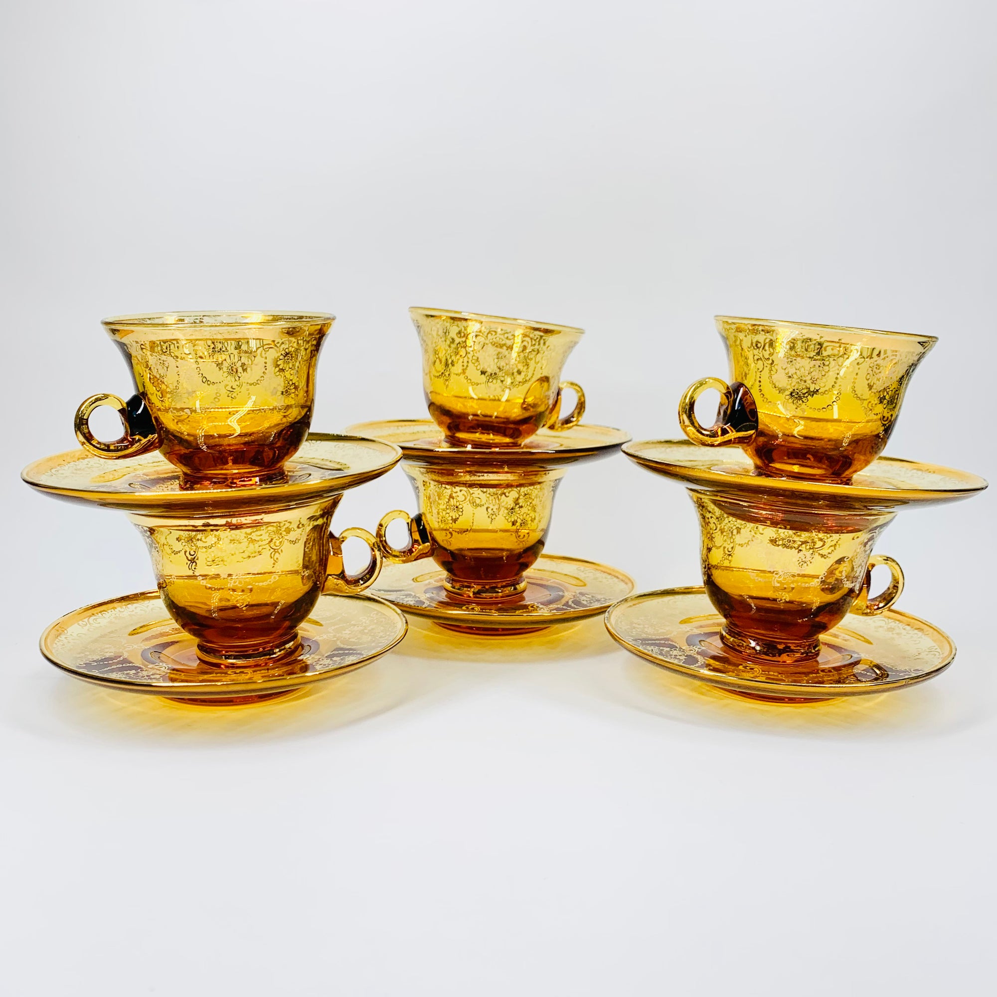 Antique Bohemian amber glass tea set with gold gilding