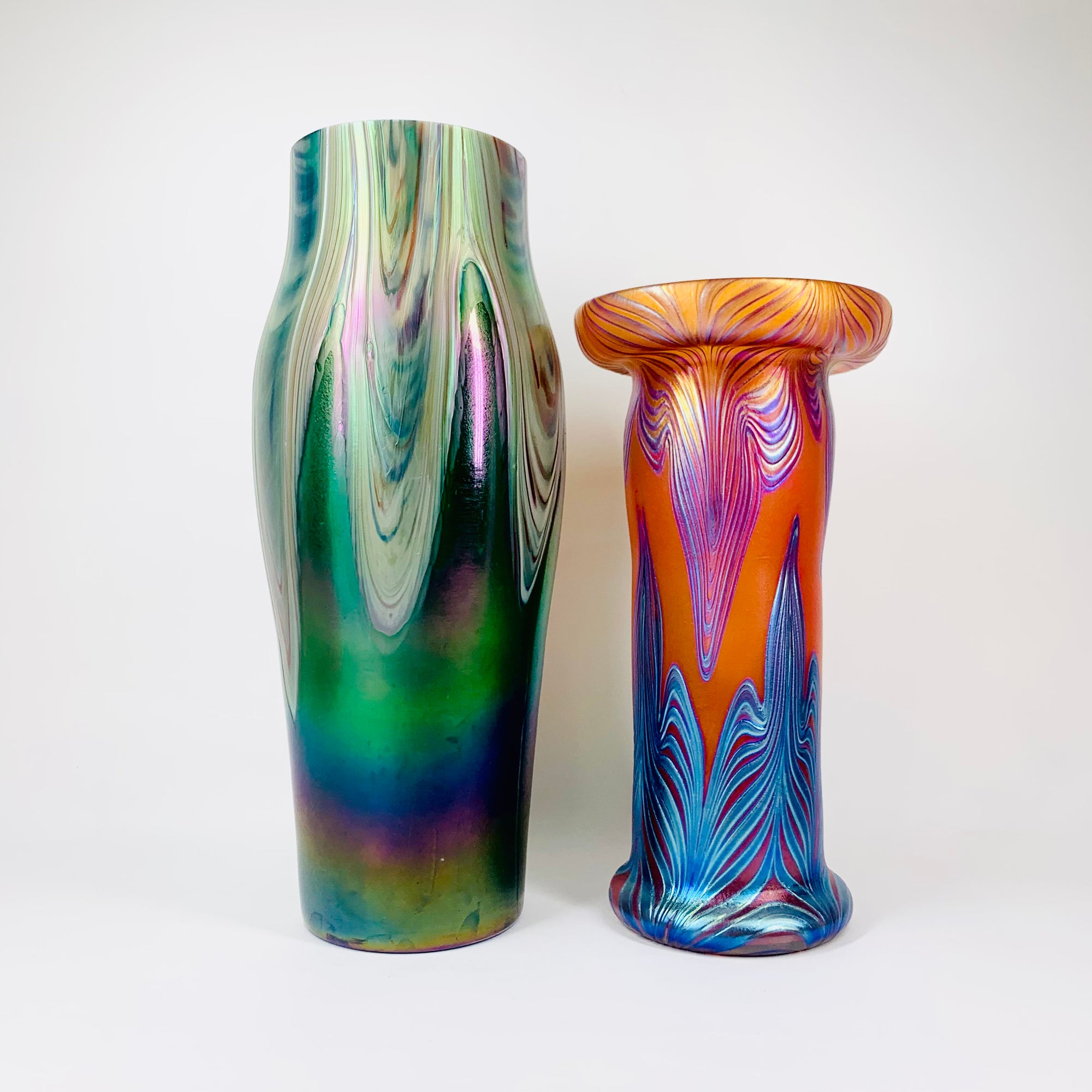 Antique Art Nouveau Kralik hand made peacock iridescent feather glass vase