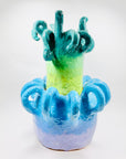 One off 1980s experimental studio abstract green blue pottery vase