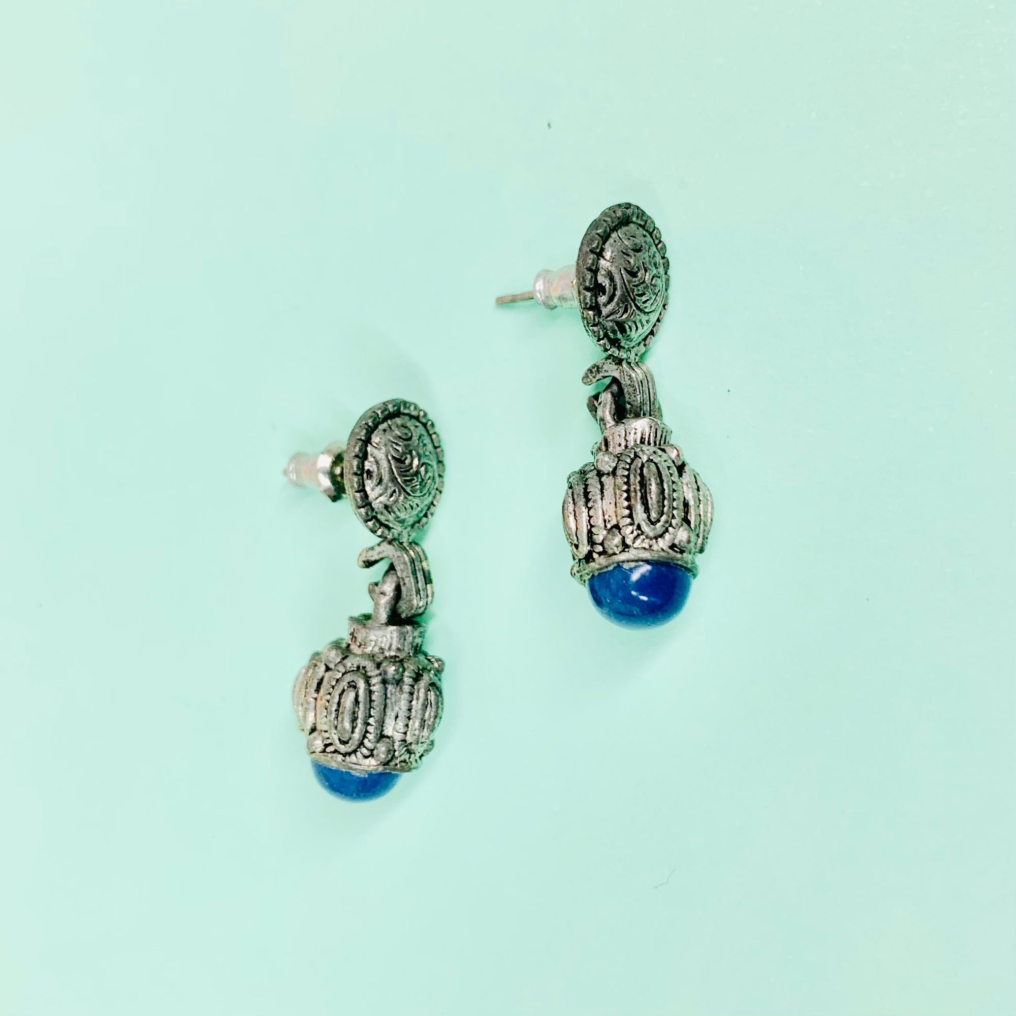 Antique nickel silver with lapis drop earrings