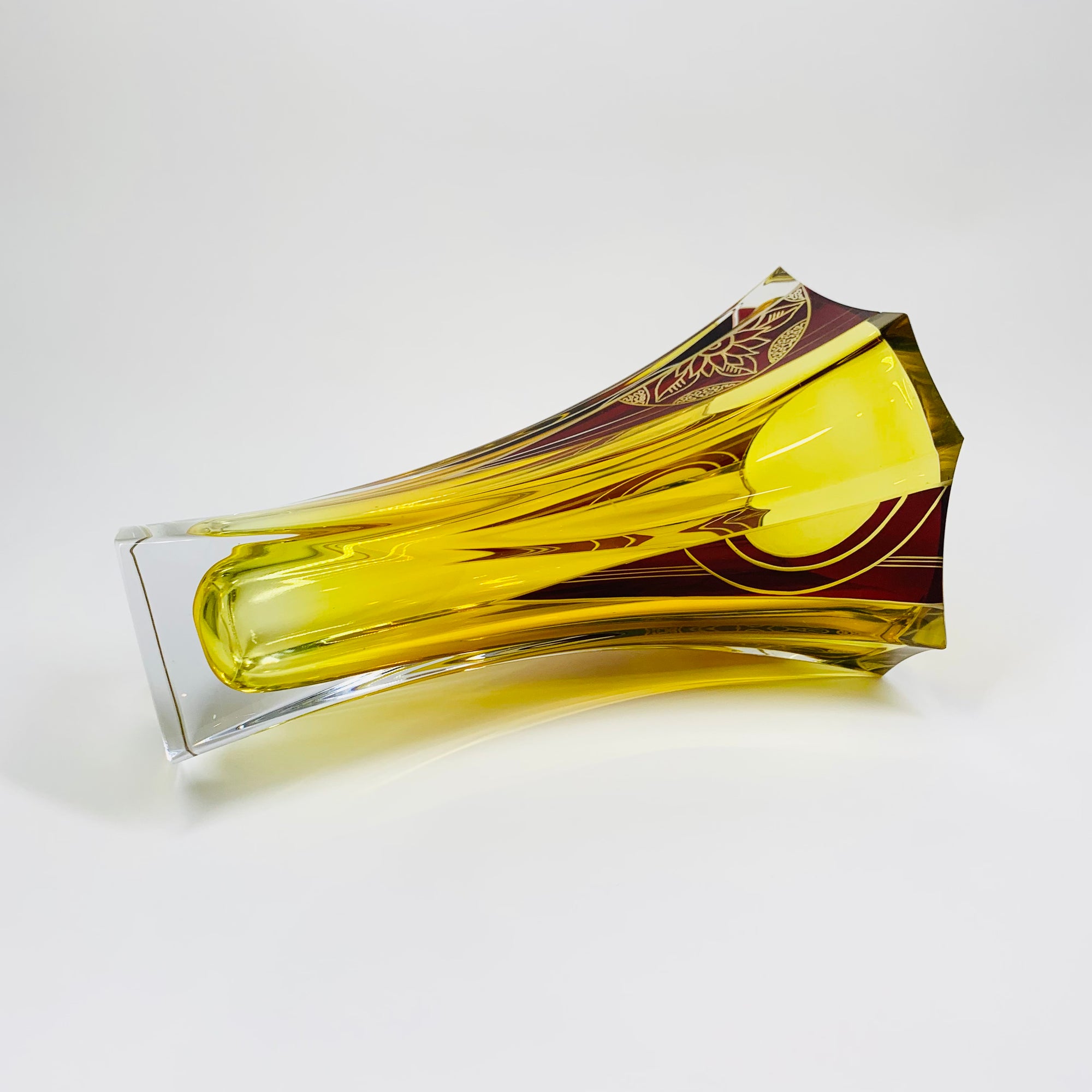 Extremely rare antique Art Deco footed spiral citrine and ruby enamel vase by Karl Palda