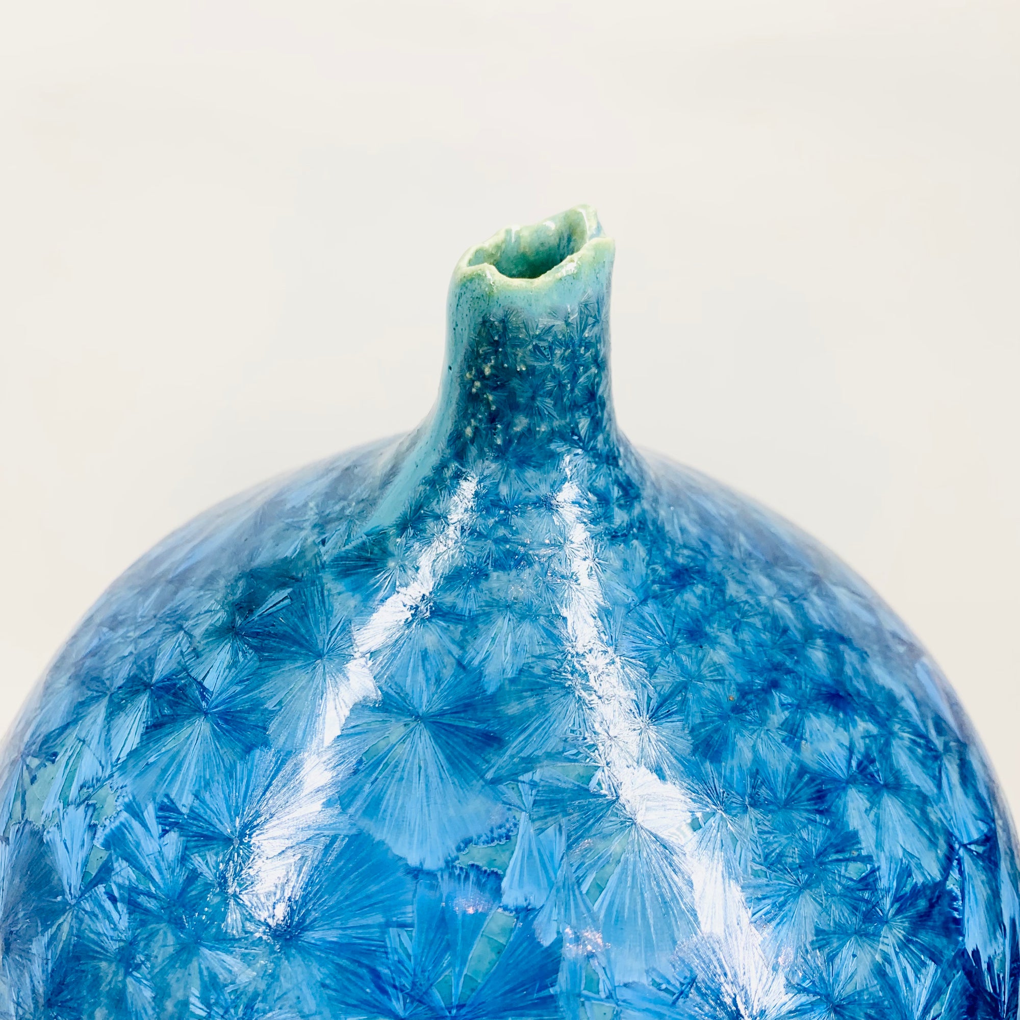 Retro hand made Australian turquoise blue gradient crystalline pottery bottle vase