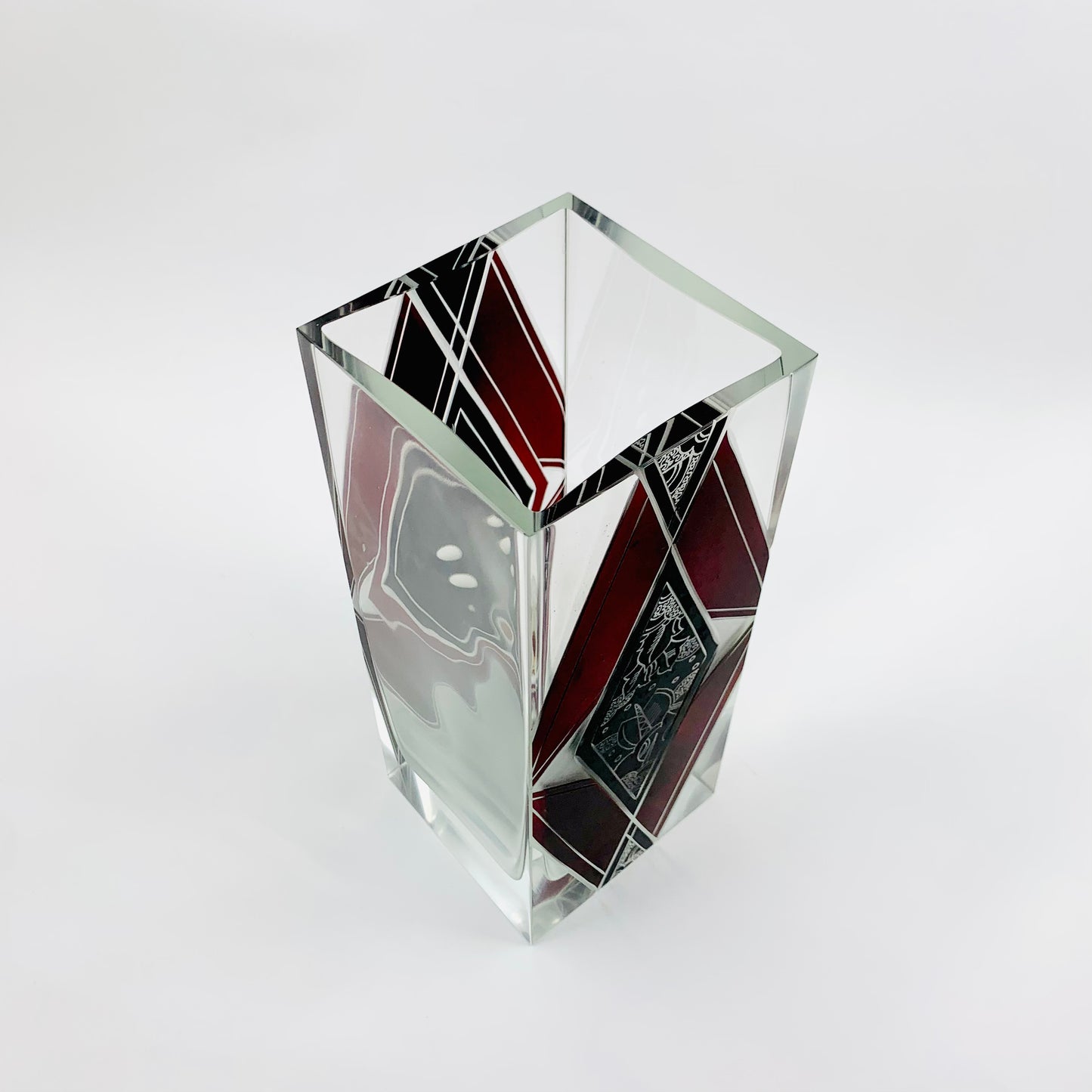 Extremely rare antique Art Deco black and ruby enamel rectangular glass vase by Karl Palda