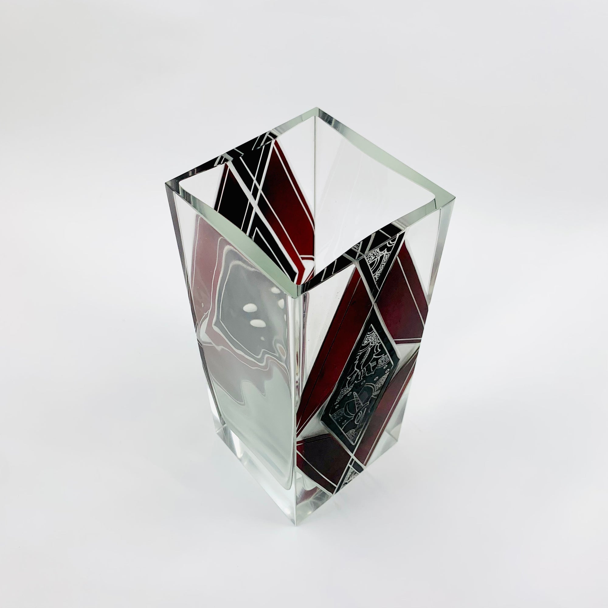 Extremely rare antique Art Deco black and ruby enamel rectangular glass vase by Karl Palda