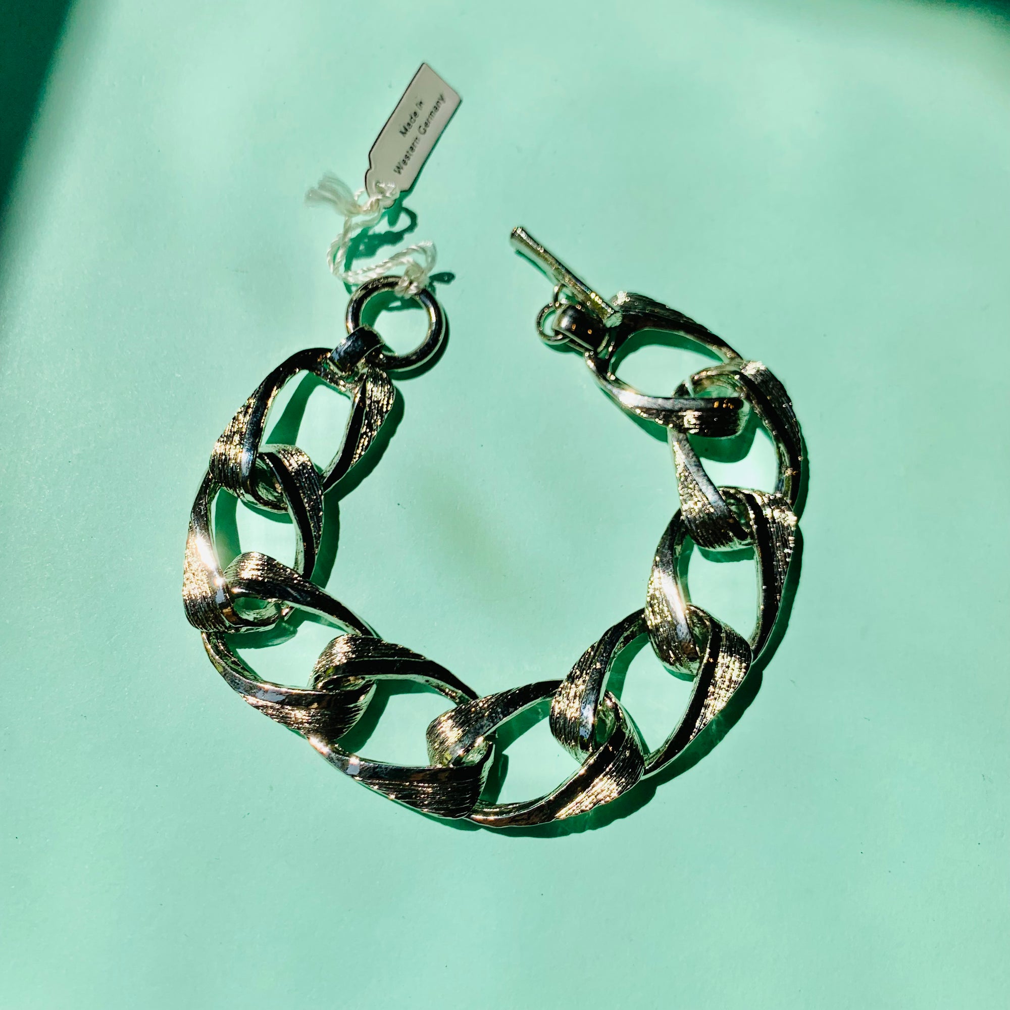 1970s West German silver plated fancy links with fob clasp bracelet