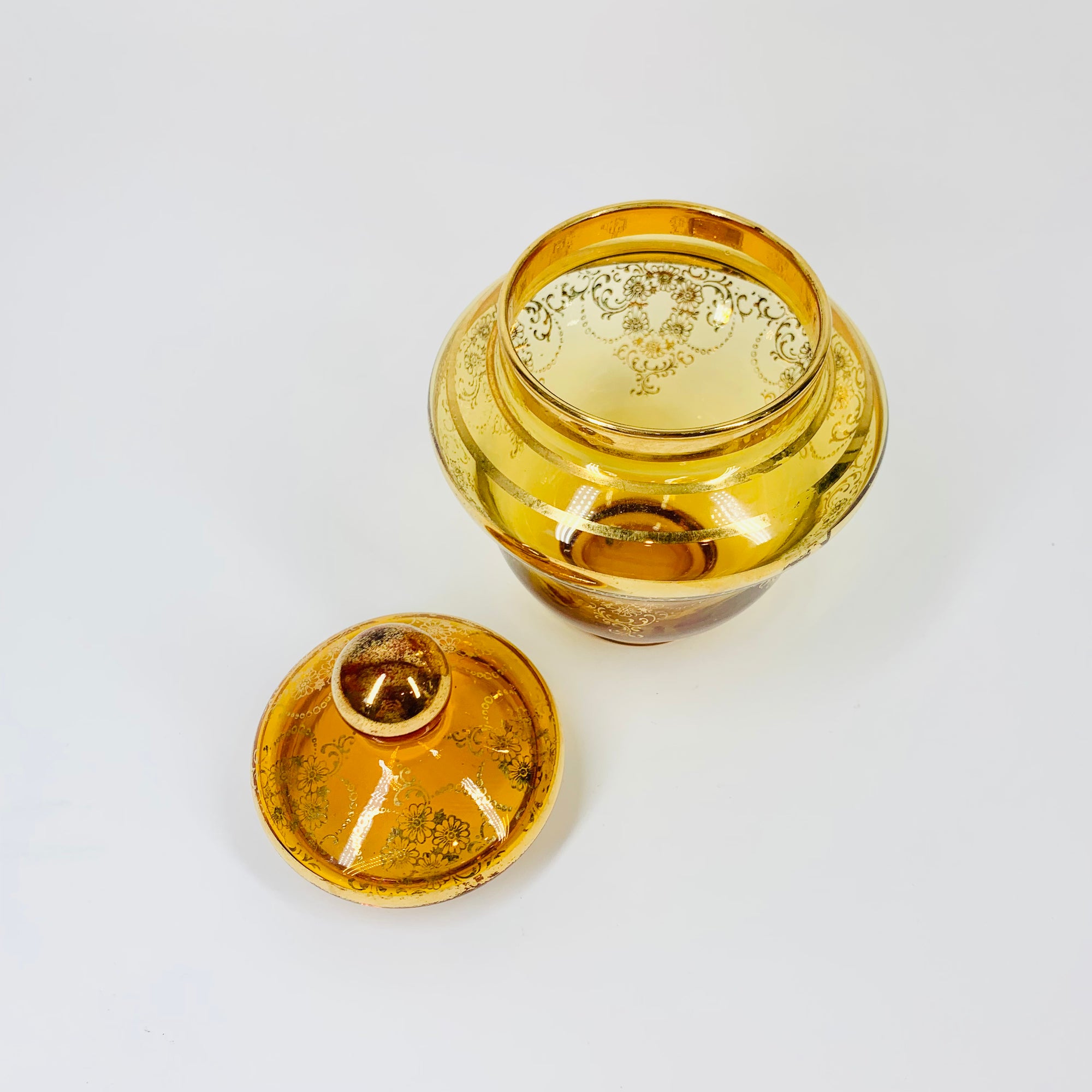 Antique Bohemian amber glass tea set with gold gilding