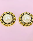 Rare stunning 1980s gold plated clip on pearl button earrings with filigree border