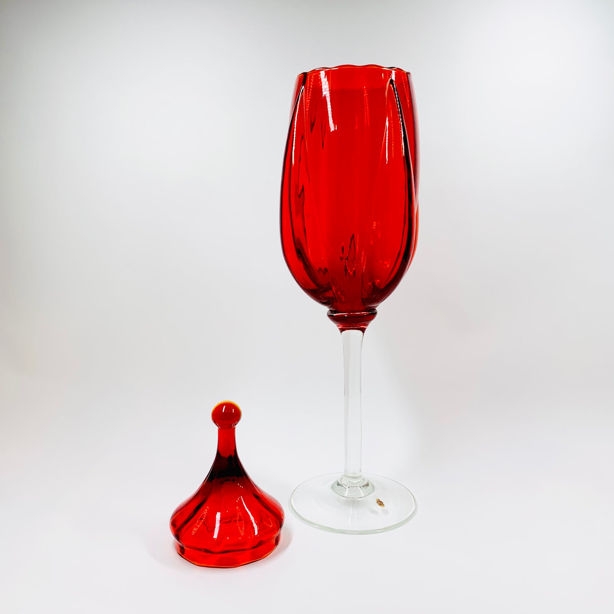 Extremely rare tall Midcentury Italian red glass footed canister/candy jar
