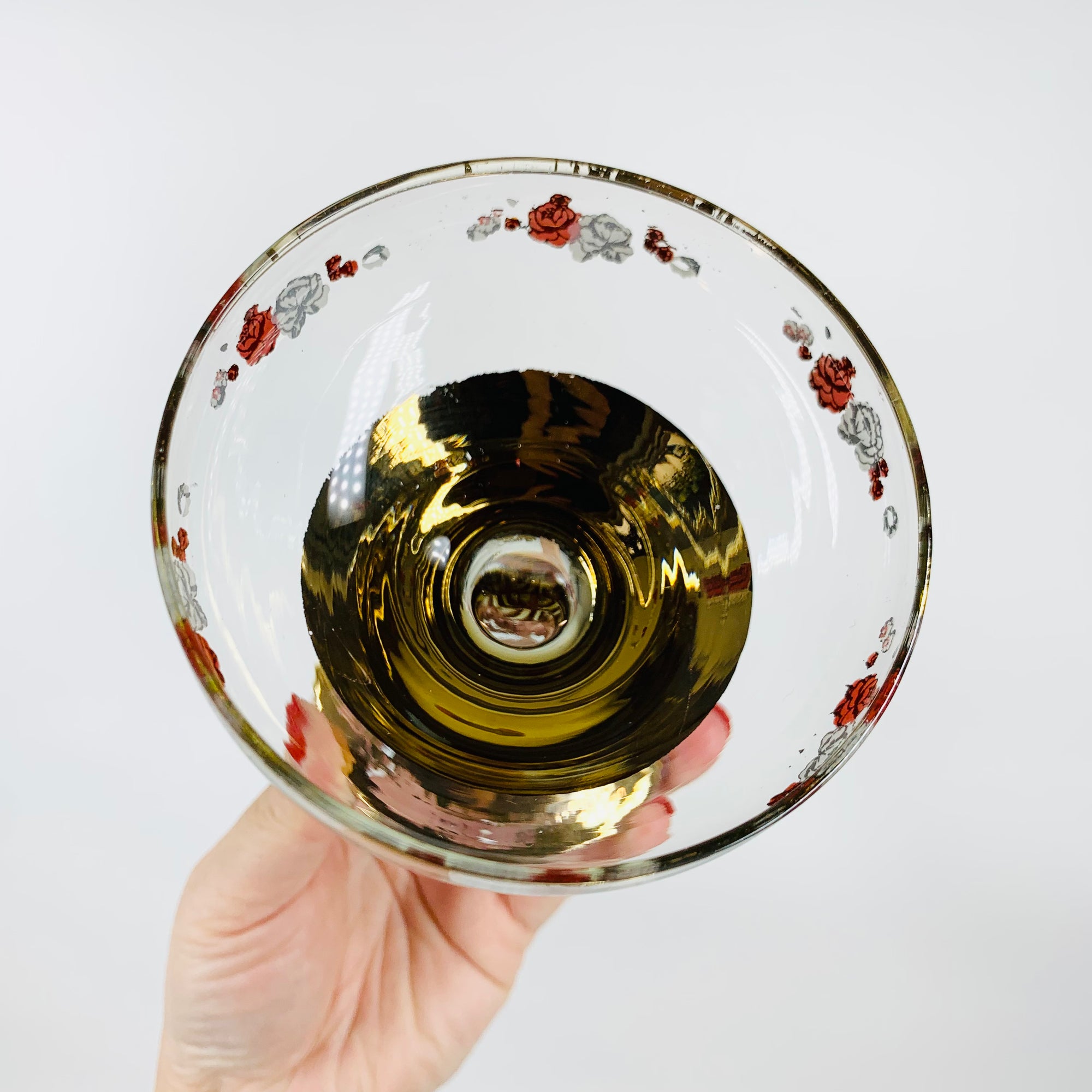 1940s GOLD GILDED ROSE PATTERN GLASS COUPE