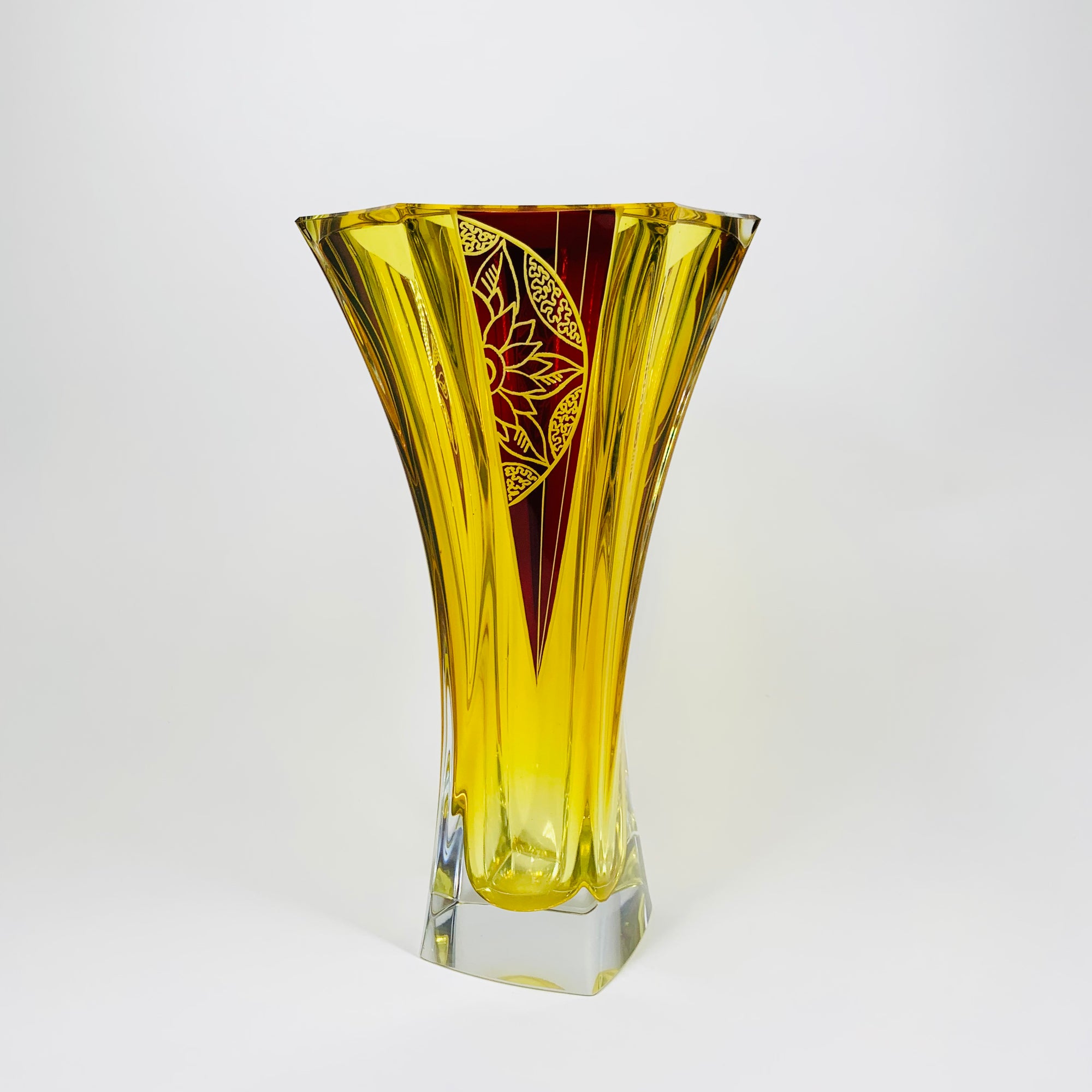 Extremely rare antique Art Deco footed spiral citrine and ruby enamel vase by Karl Palda