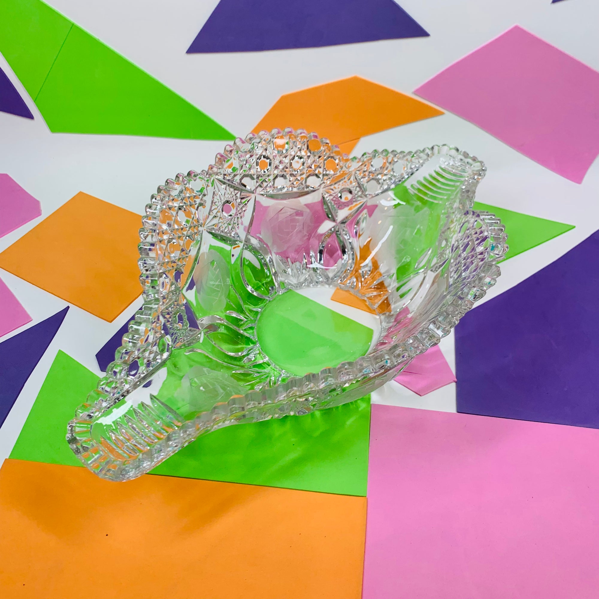 Antique Bohemian cut crystal boat bowl