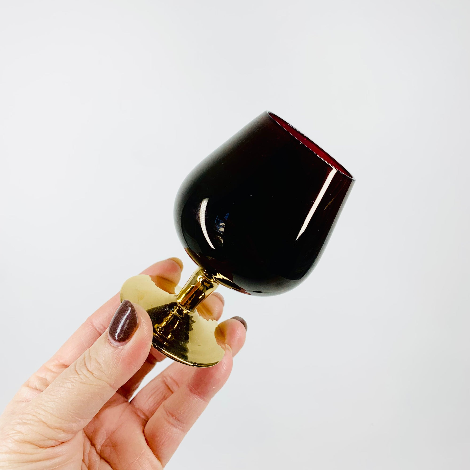 Mini vintage Czech flashed ruby brandy balloon shot glasses with gold gilding foot