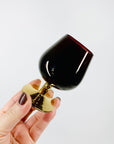 Mini vintage Czech flashed ruby brandy balloon shot glasses with gold gilding foot
