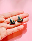 1960s gold plated fan black enamel stud earrings with rhinestones halo