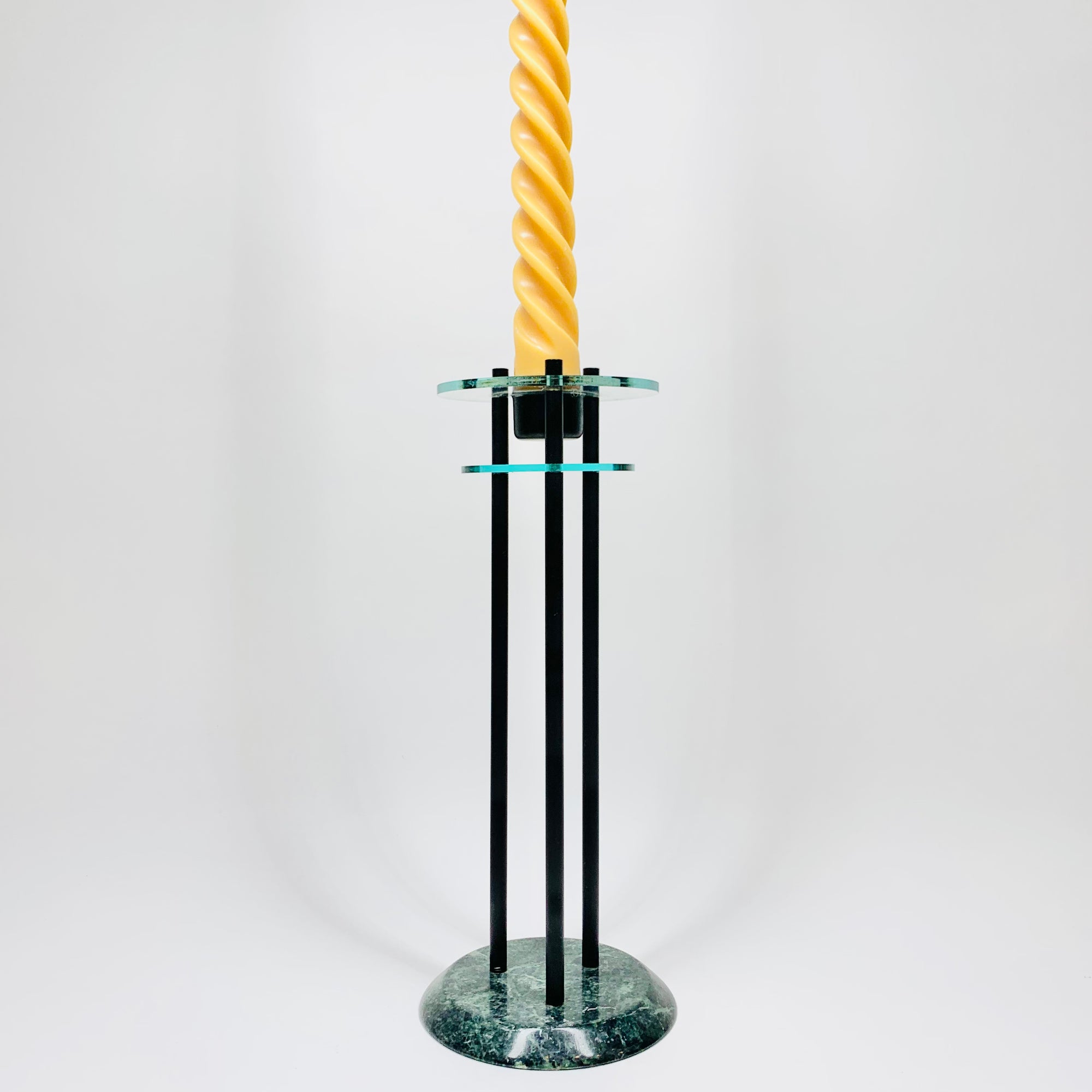 1980s Memphis glass candle holder with green marble vase