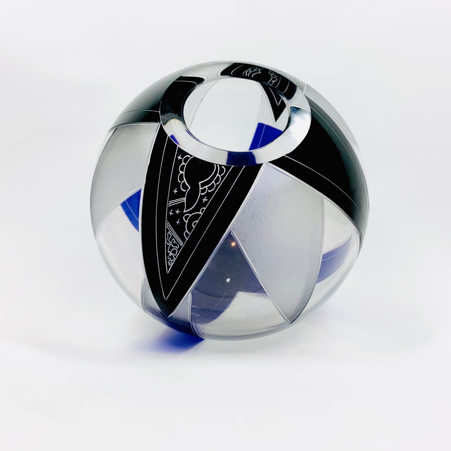 Antique Art Deco black and cobalt blue enamel globe glass posy vase by Karl Palda