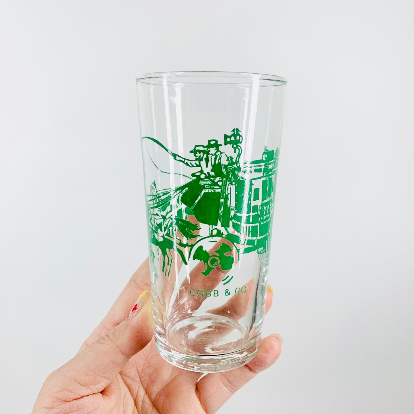 Midcentury Cobb & Co horse & stagecoach green glass tumblers