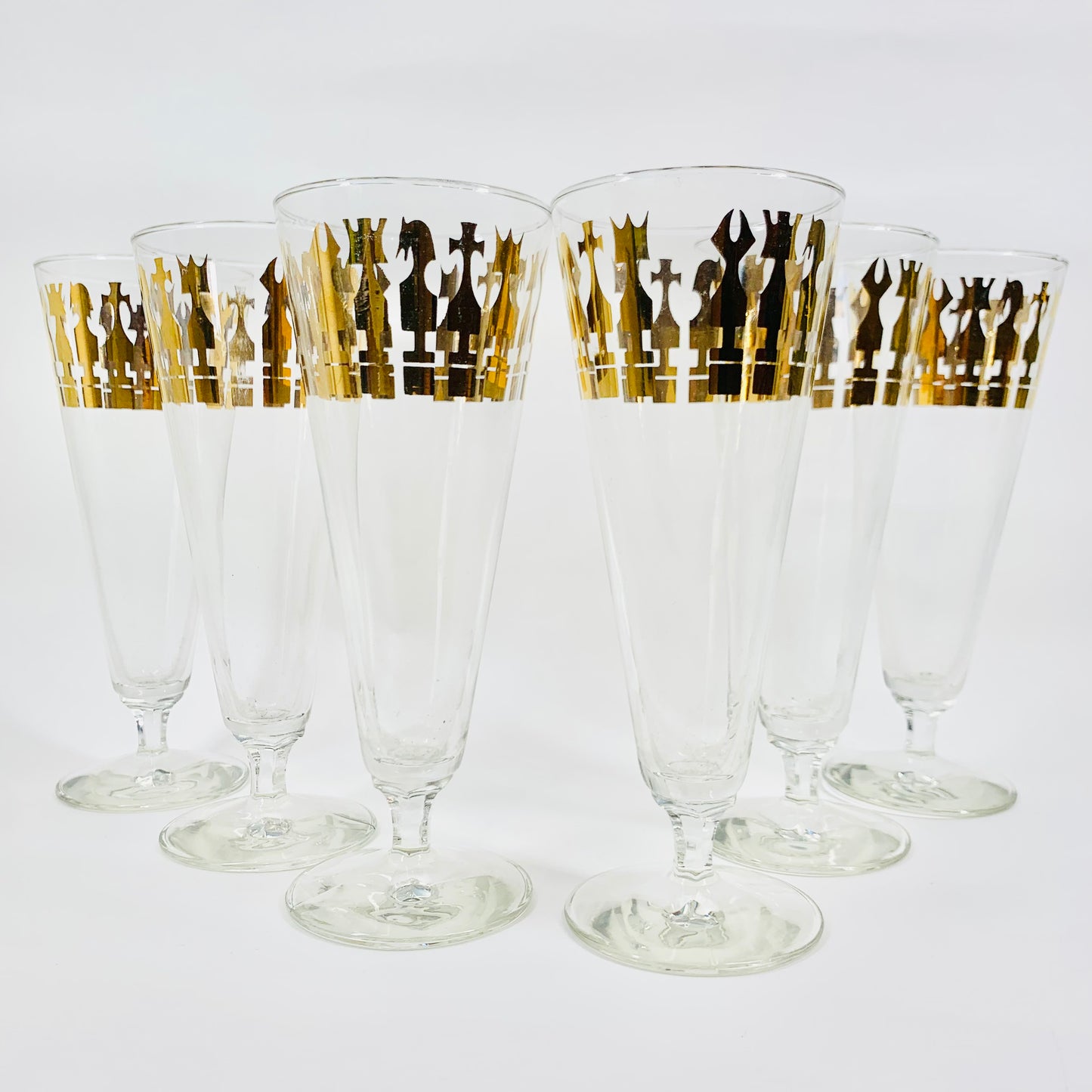 Extremely rare 1940s gold gilding clear glass champagne flutes with chess pattern