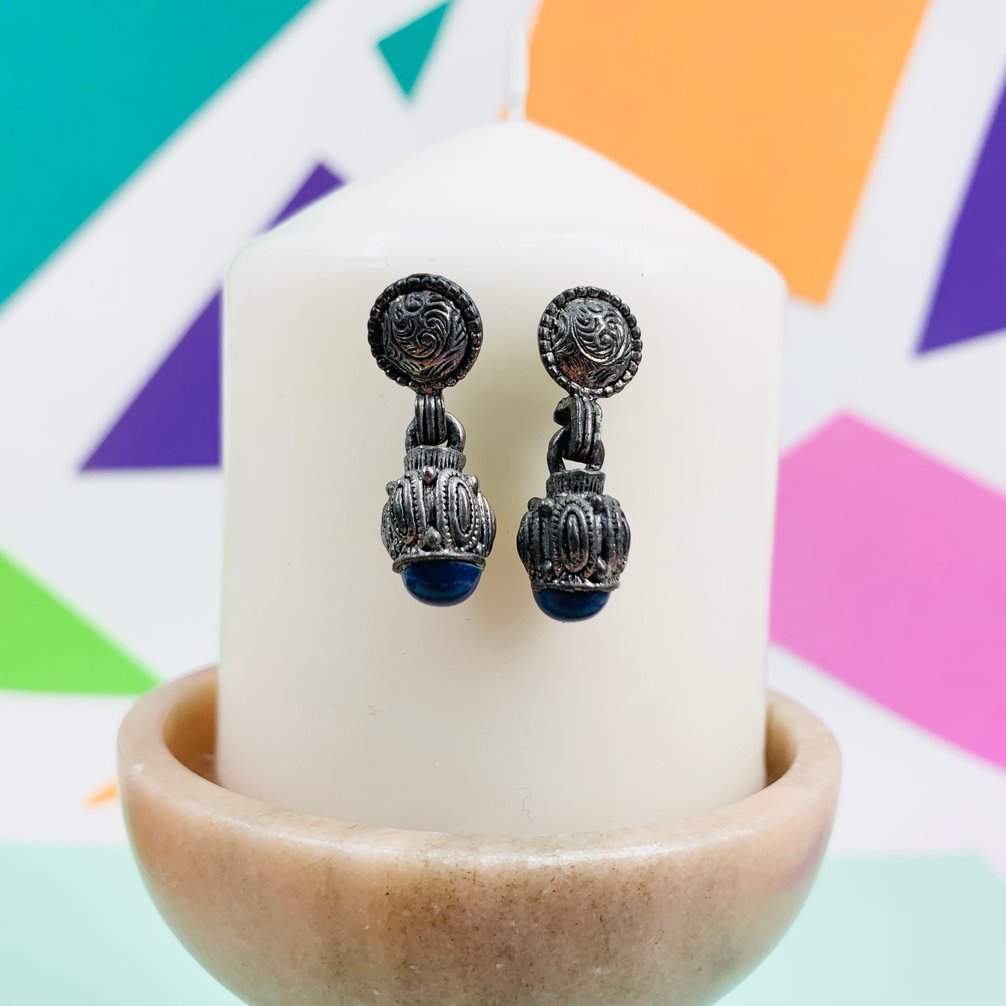 Antique nickel silver with lapis drop earrings