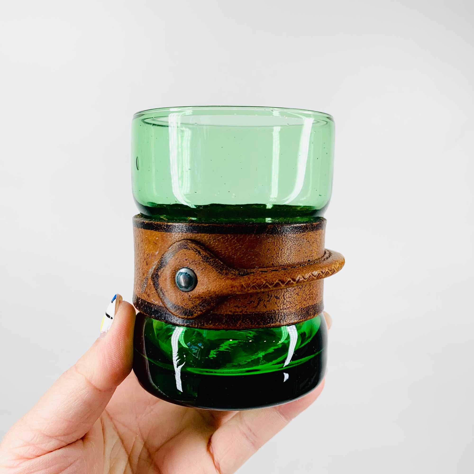 Rare Midcentury Italian green glass set with detachable leather sleeves
