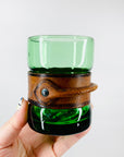 Rare Midcentury Italian green glass set with detachable leather sleeves