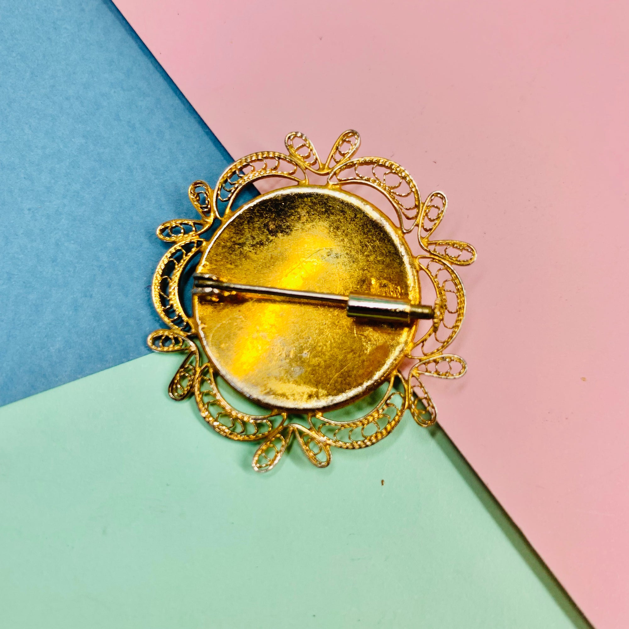 Antique rolled gold filigree hand etched enamel brooch
