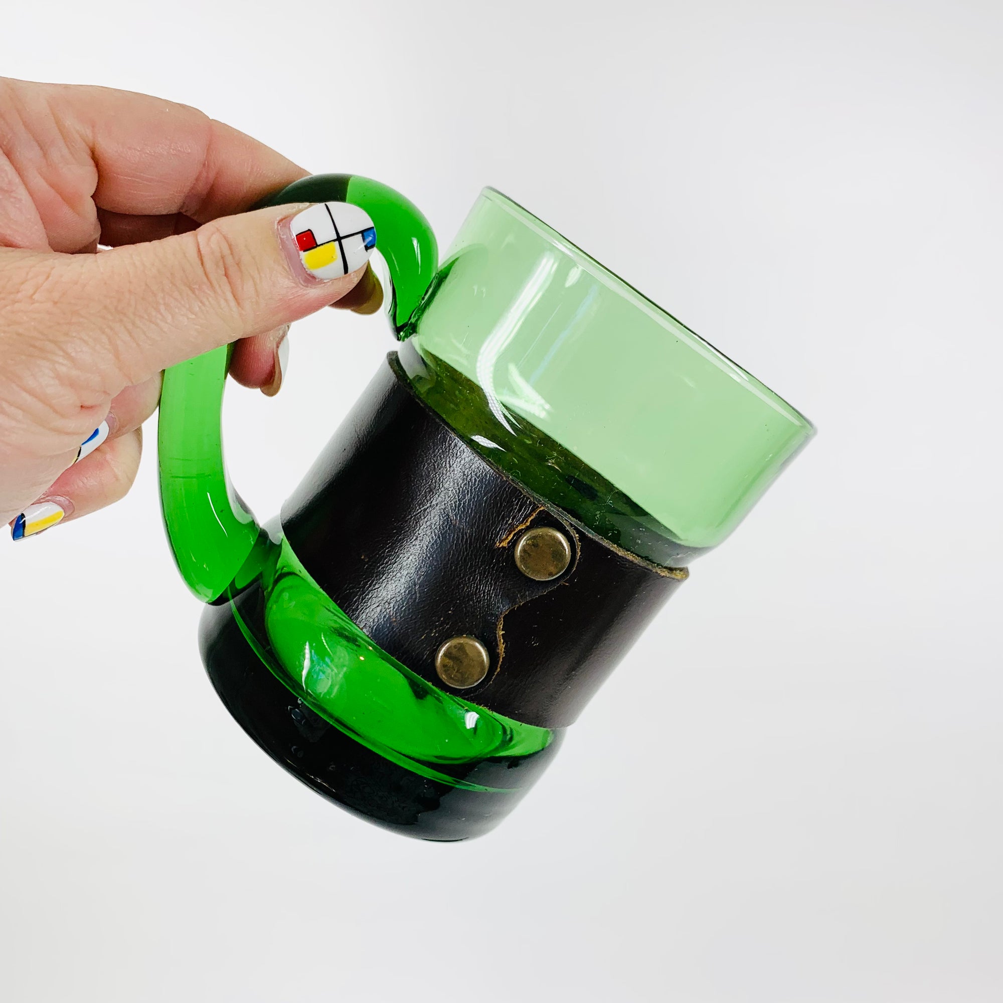 Rare Midcentury Italian green glass set with detachable leather sleeves