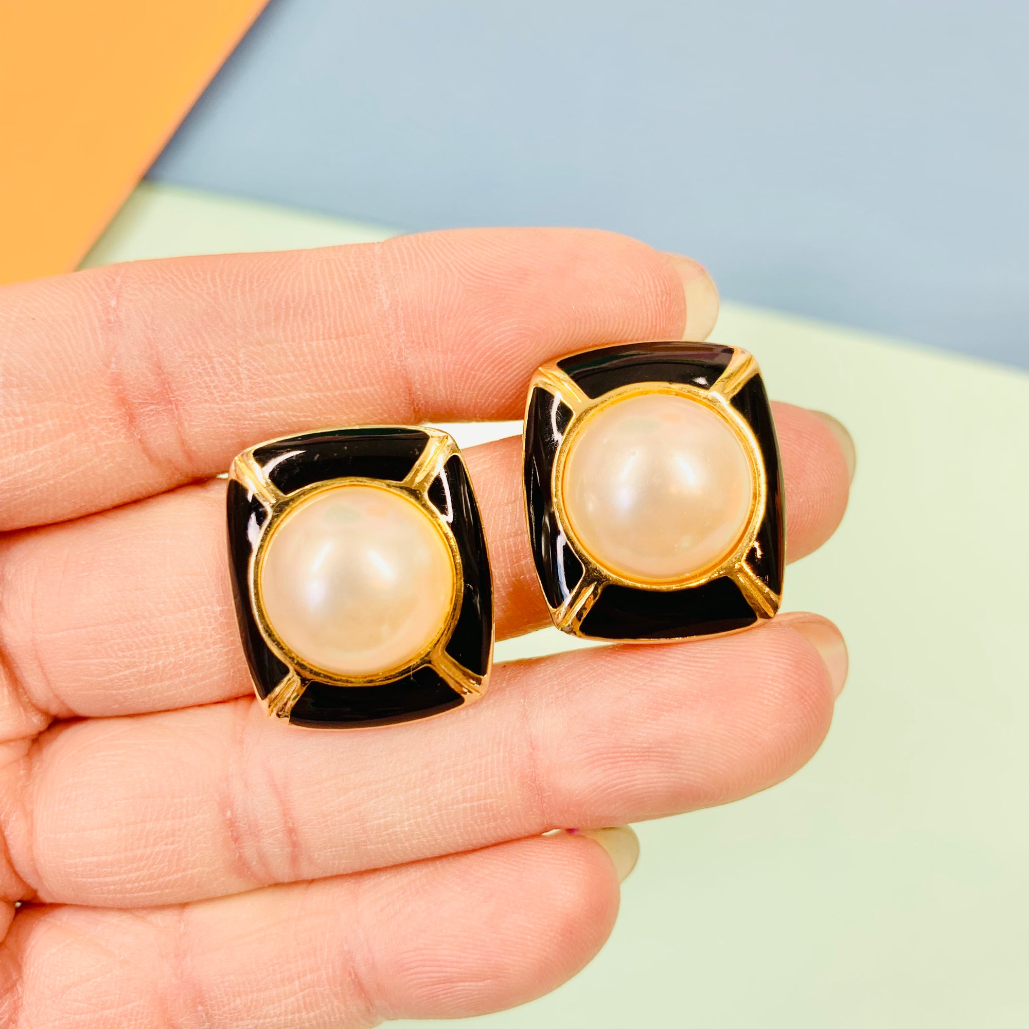 Extremely rare stunning 1960s gold plated clip on black enamel and pearl rectangular button earrings