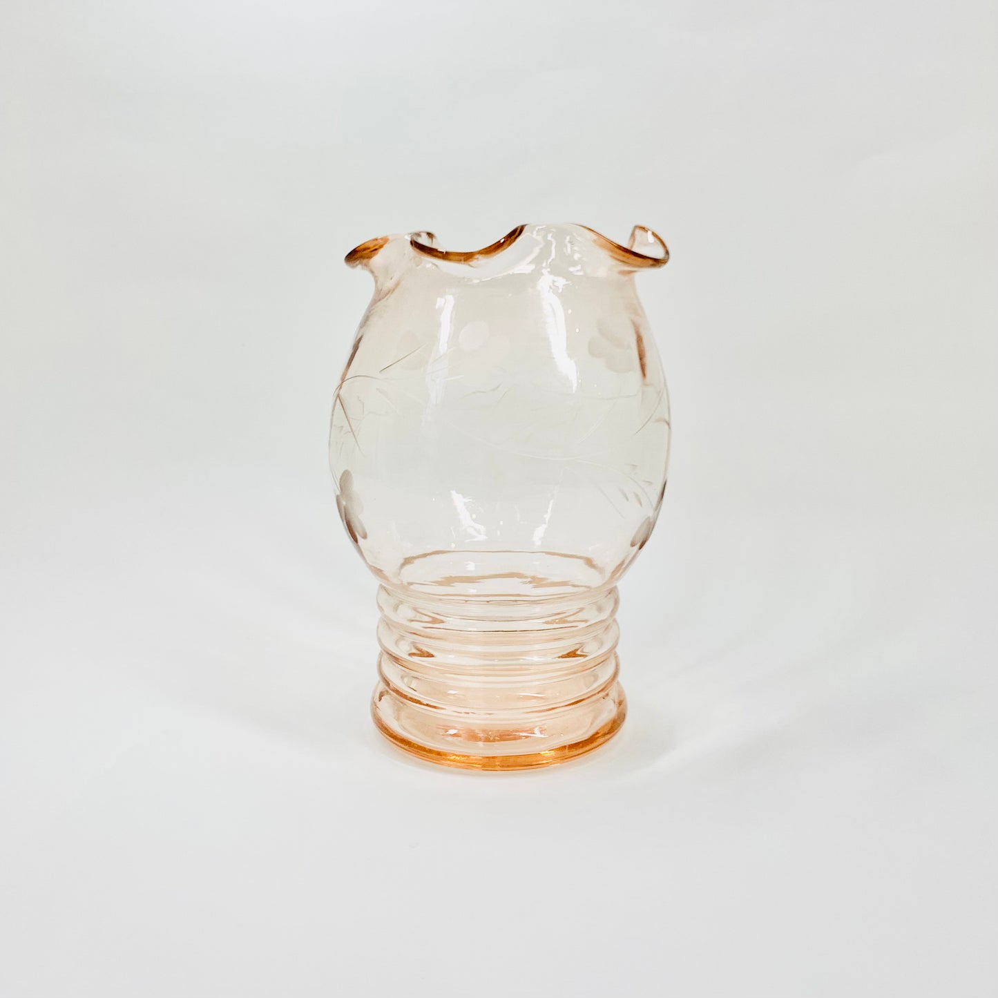 1940s etched pink glass vase with ruffle rim