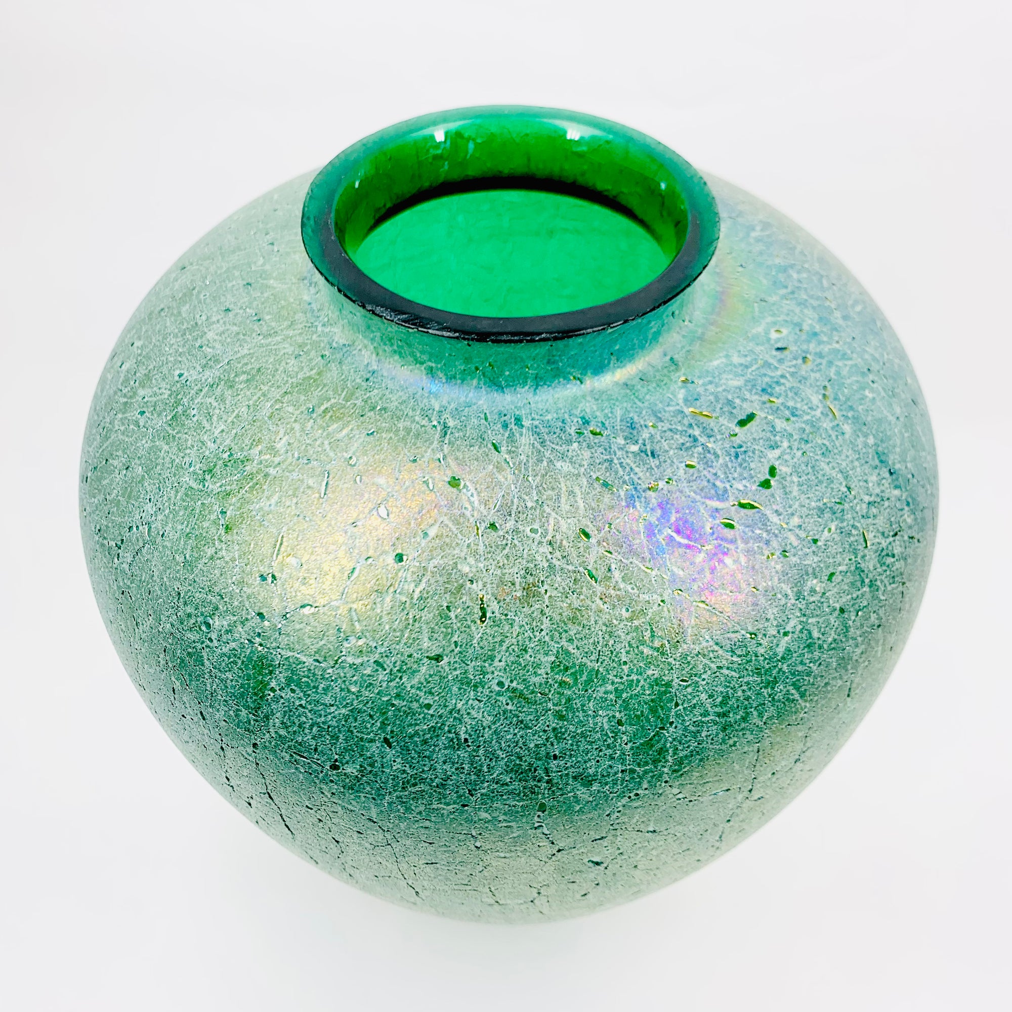 Large antique Art Nouveau Kralik hand made peacock iridescent crackle glass vase