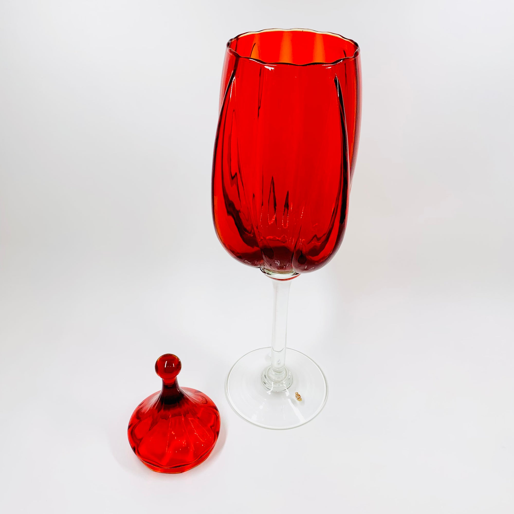 Extremely rare tall Midcentury Italian red glass footed canister/candy jar