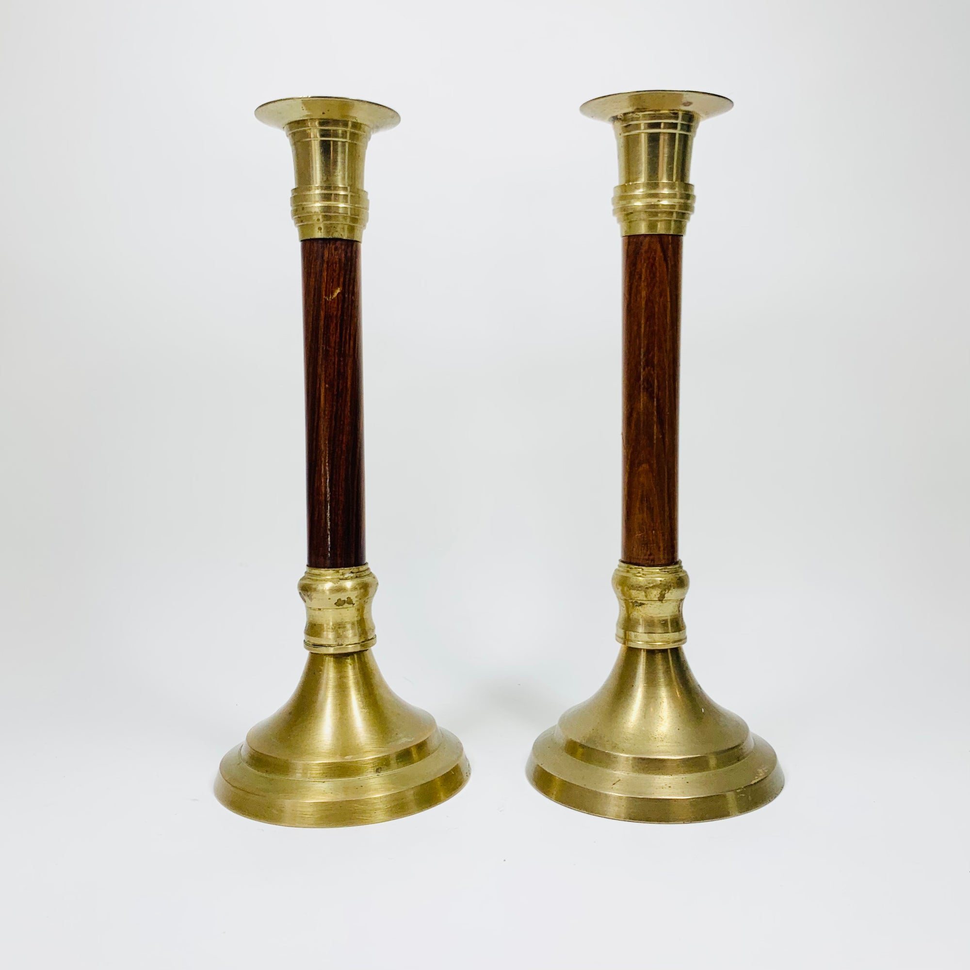 Vintage MCM wooden brass candle holders