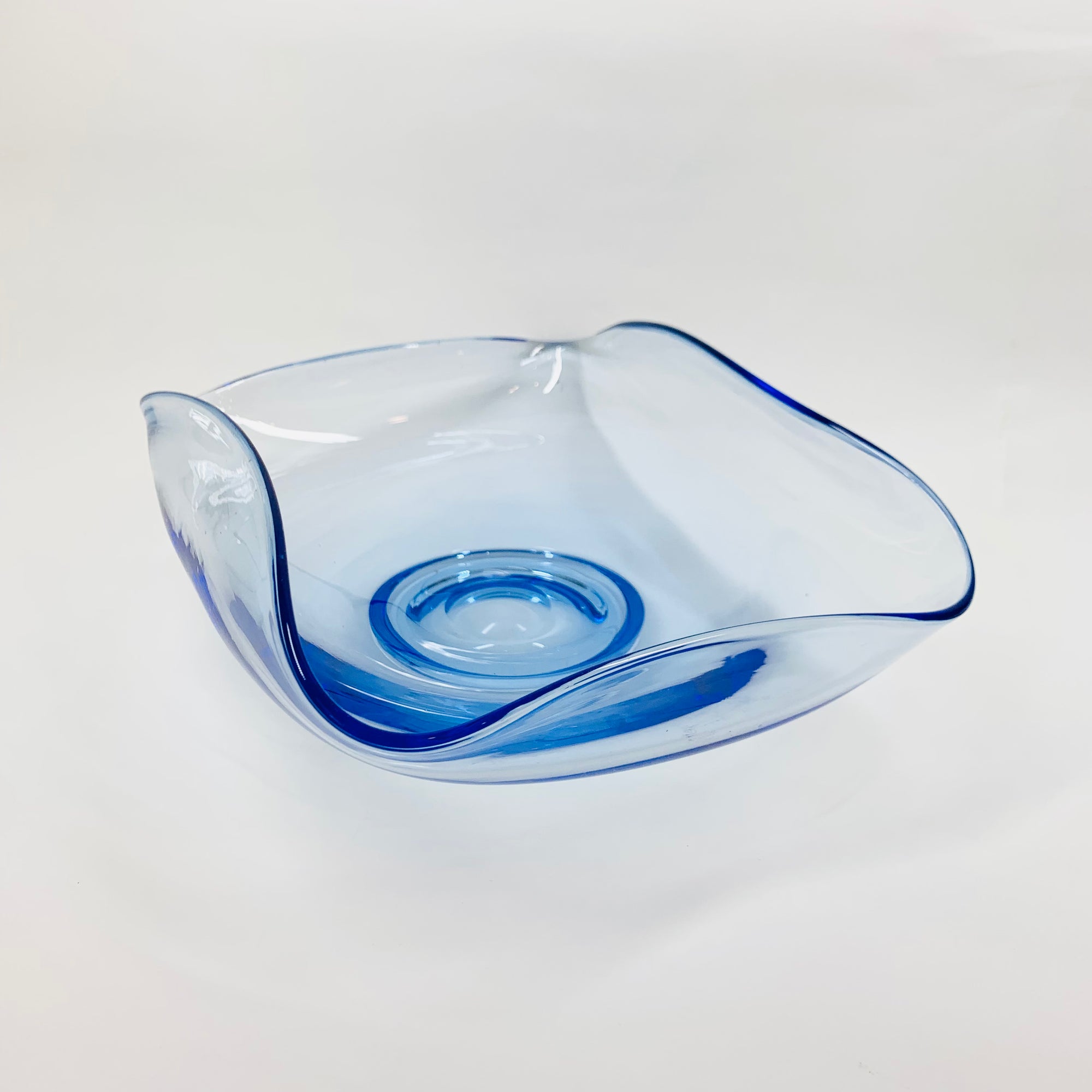 Large Midcentury blue pinched glass fruit/salad bowl