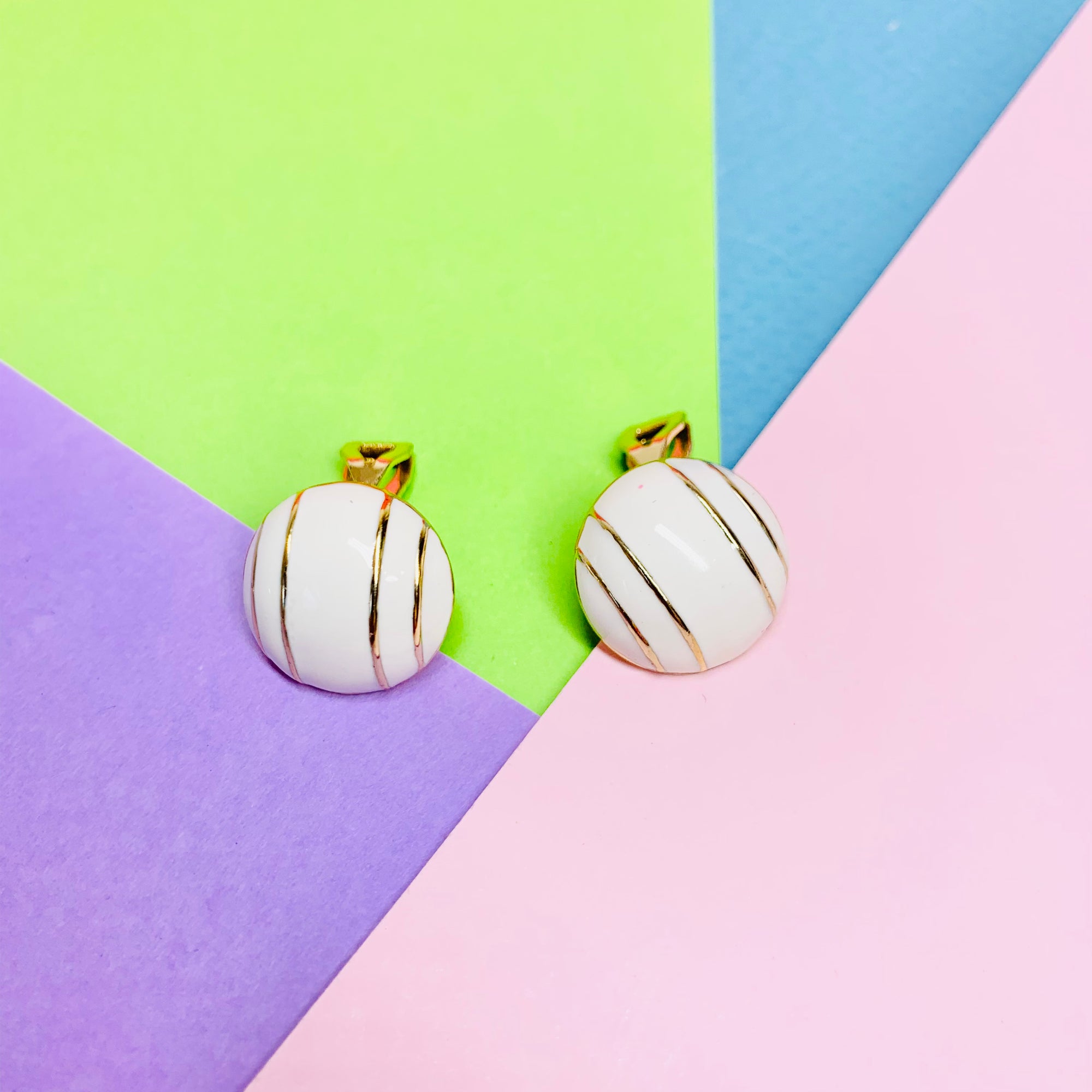 Rare 1960s Italian triple gold plated white enamel stud clip on earrings