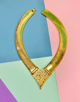 Extremely rare 1960s mesh gold plated statement necklace with rhinestones chevron pendant