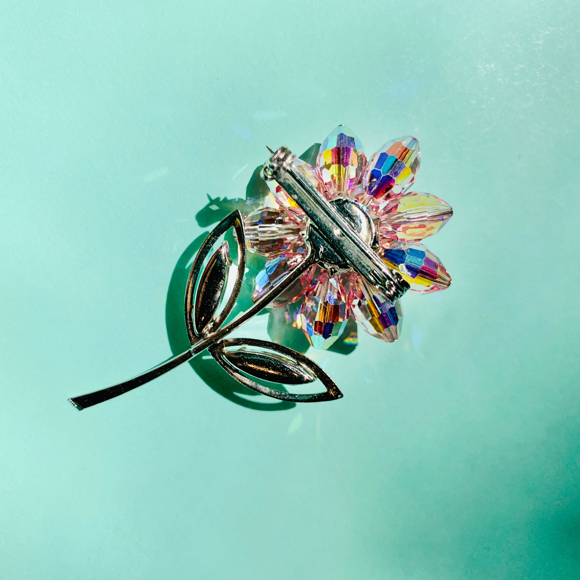1940s costume flower brooch with pink Swarovski beads